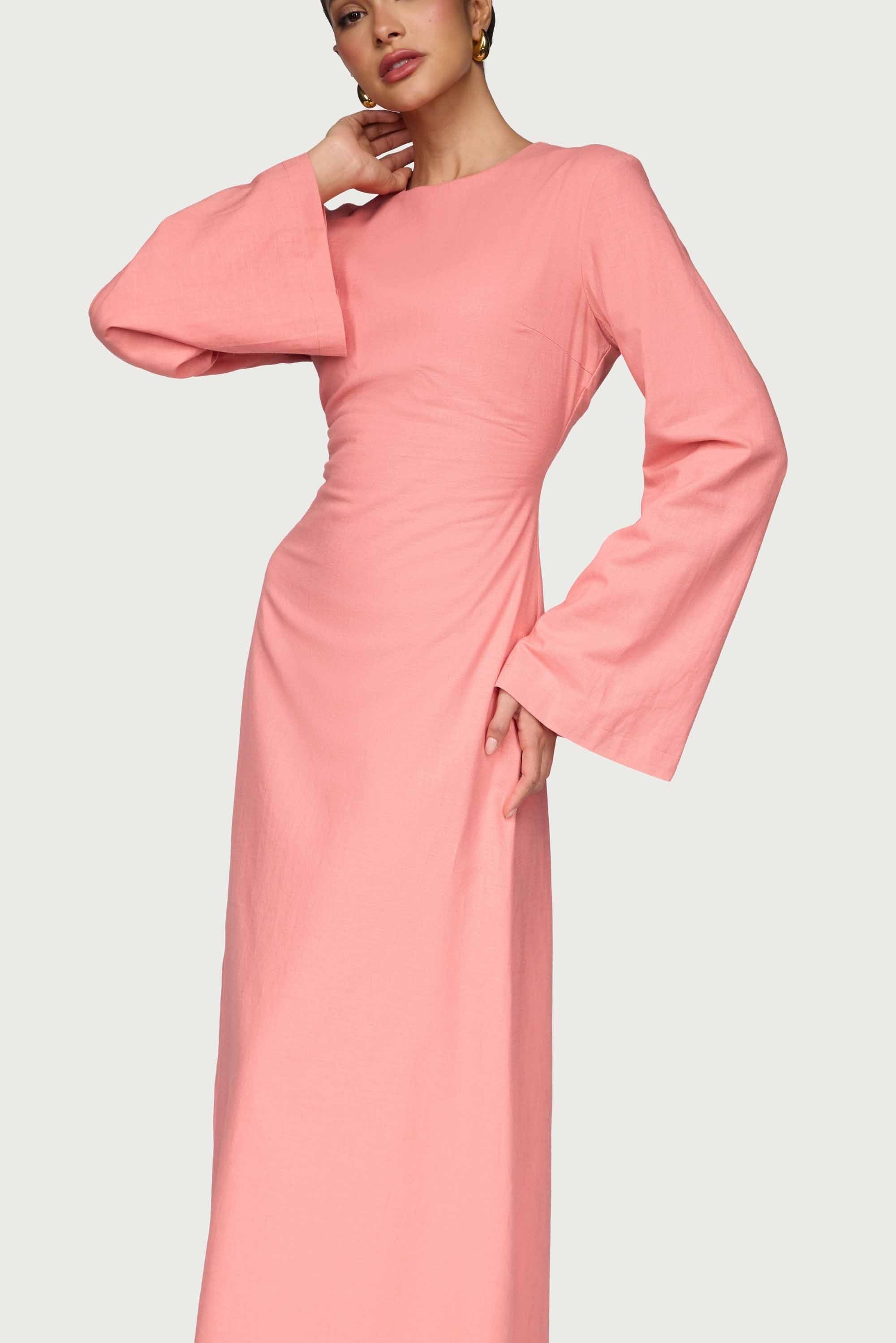 Cotton Linen Lace Up Back Maxi Dress - Summer Coral Abayas Veiled