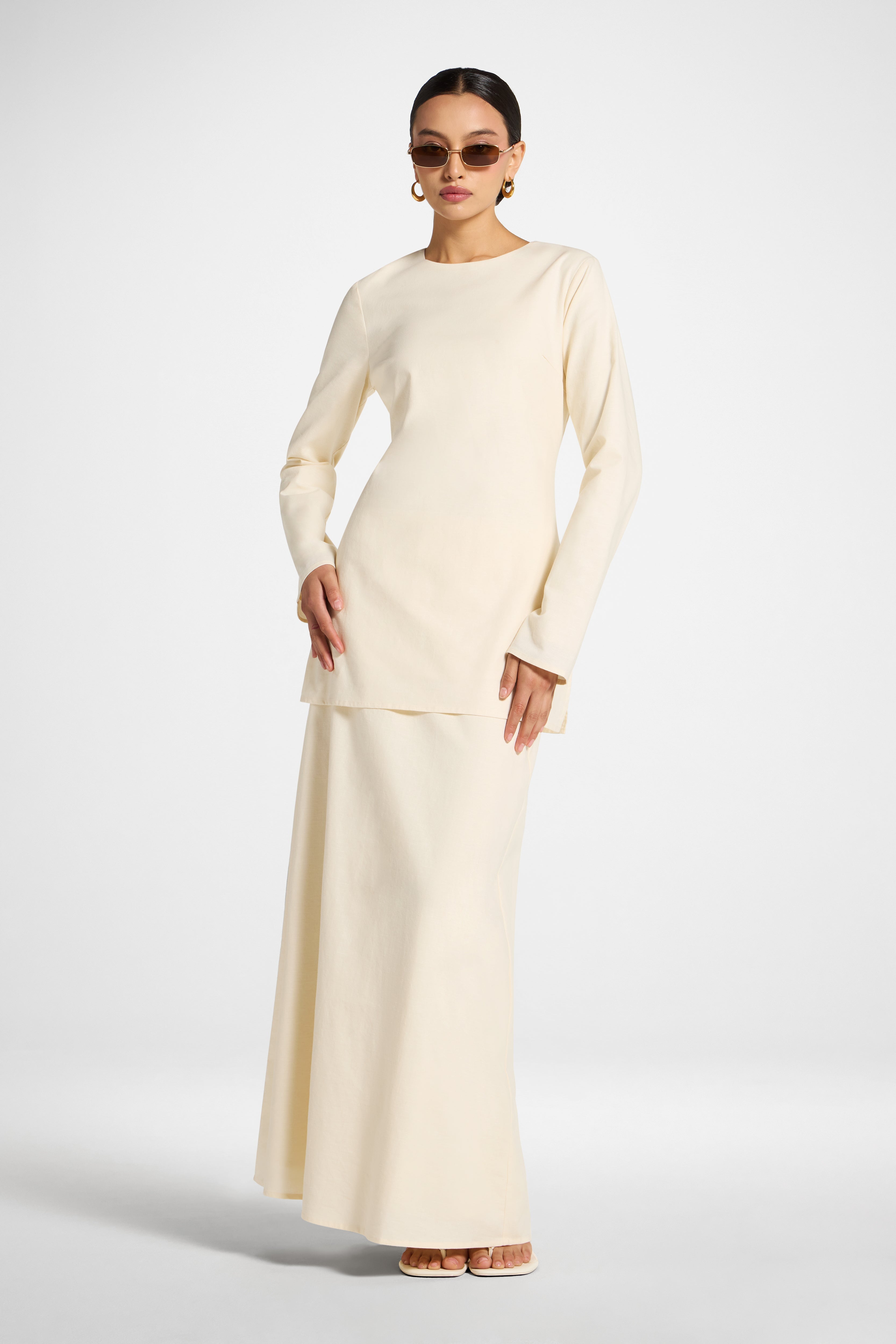 Cotton Linen Lace Up Back Top - Off White Abayas Veiled