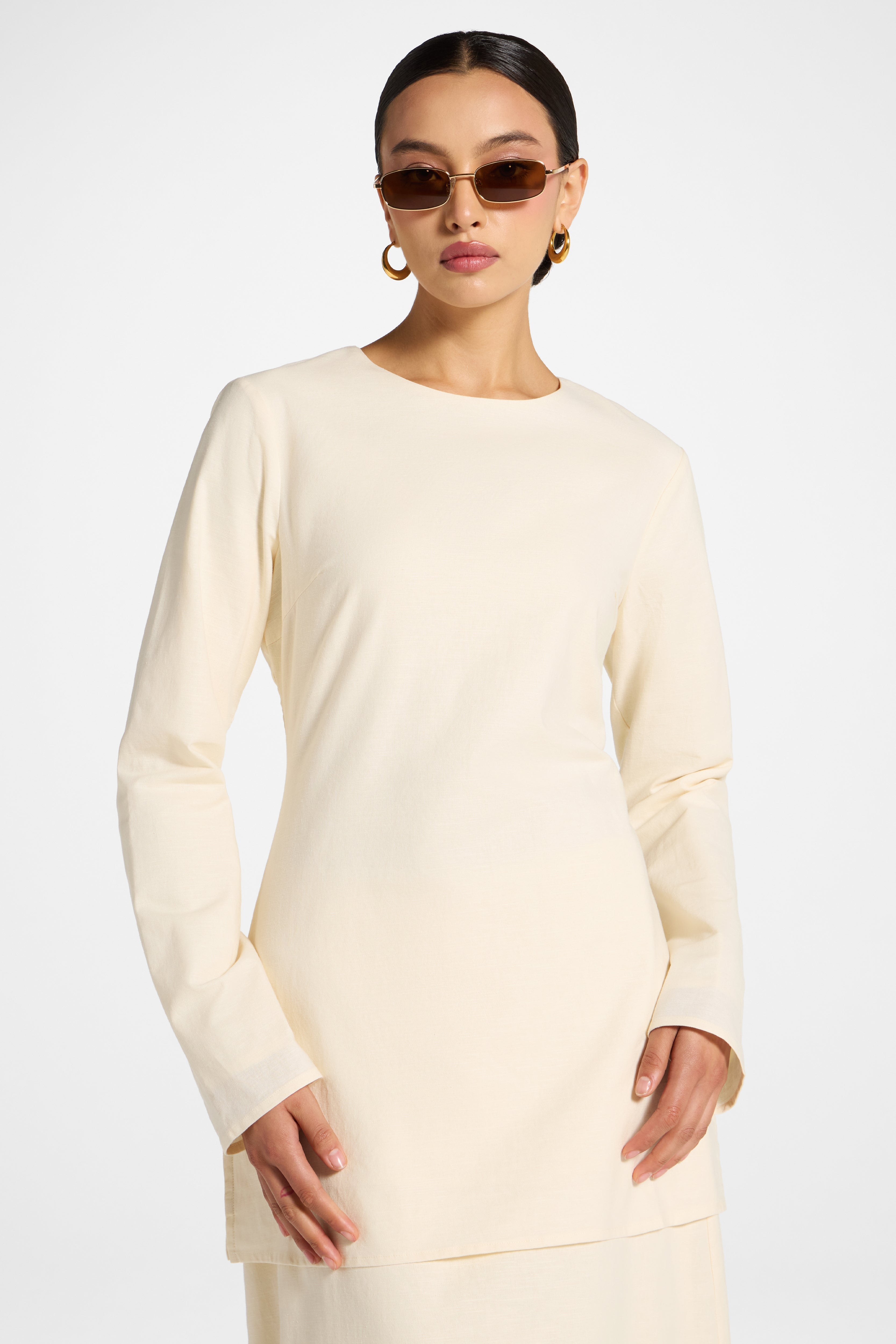 Cotton Linen Lace Up Back Top - Off White Abayas Veiled