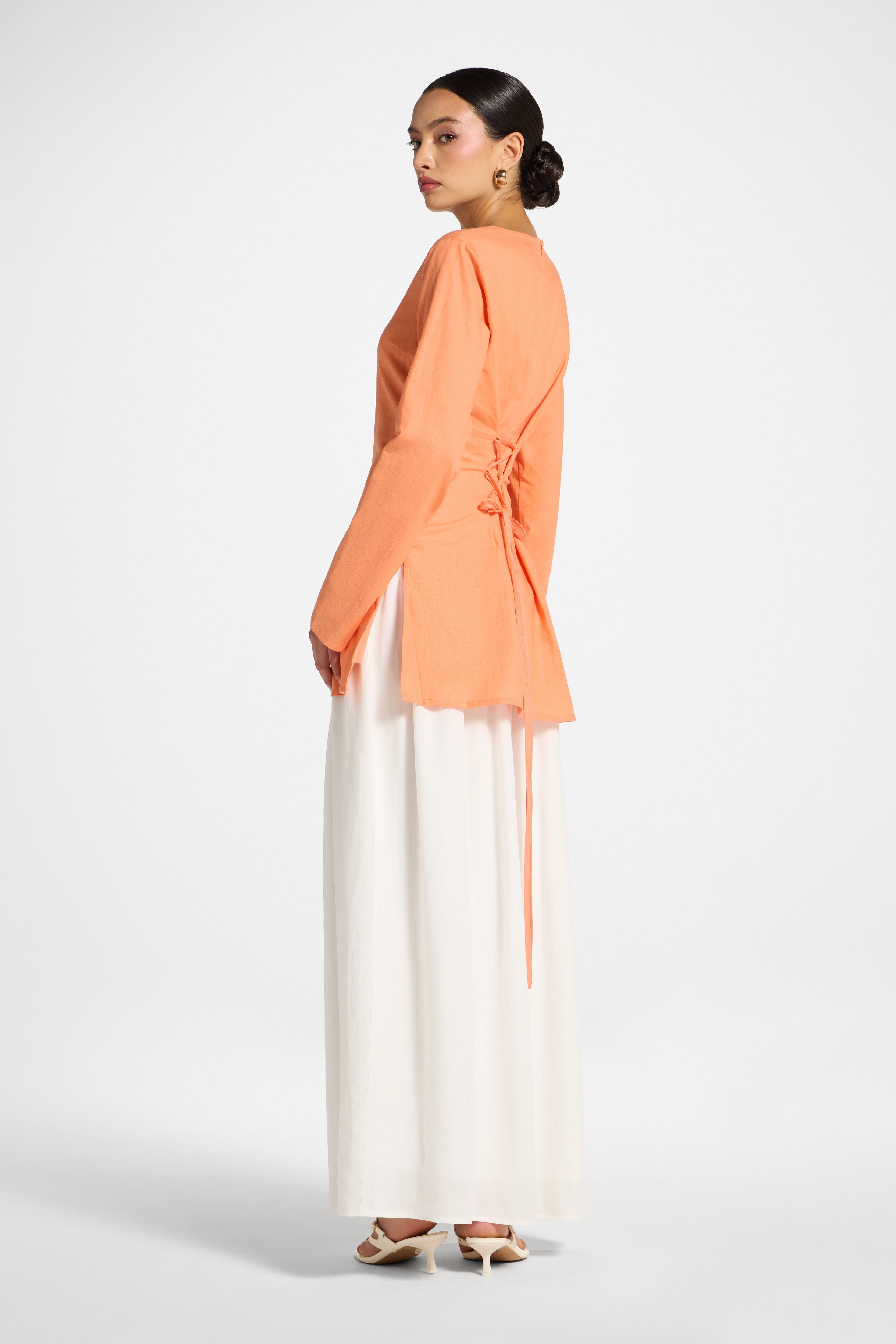 Cotton Linen Lace Up Back Top - Sunset Abayas Veiled