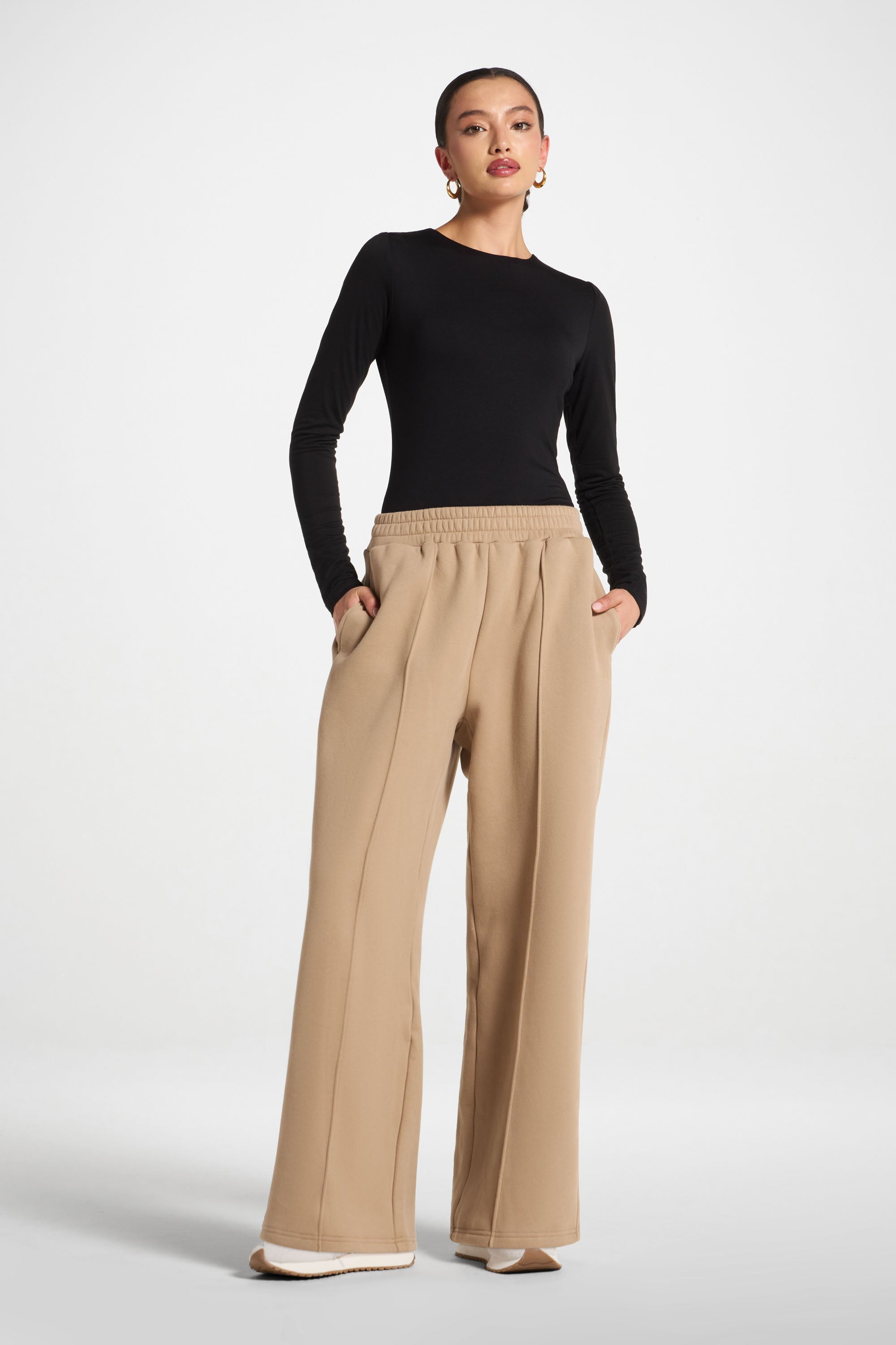 Cotton Pintuck Wide Leg Sweatpants - Mocha Abayas Veiled