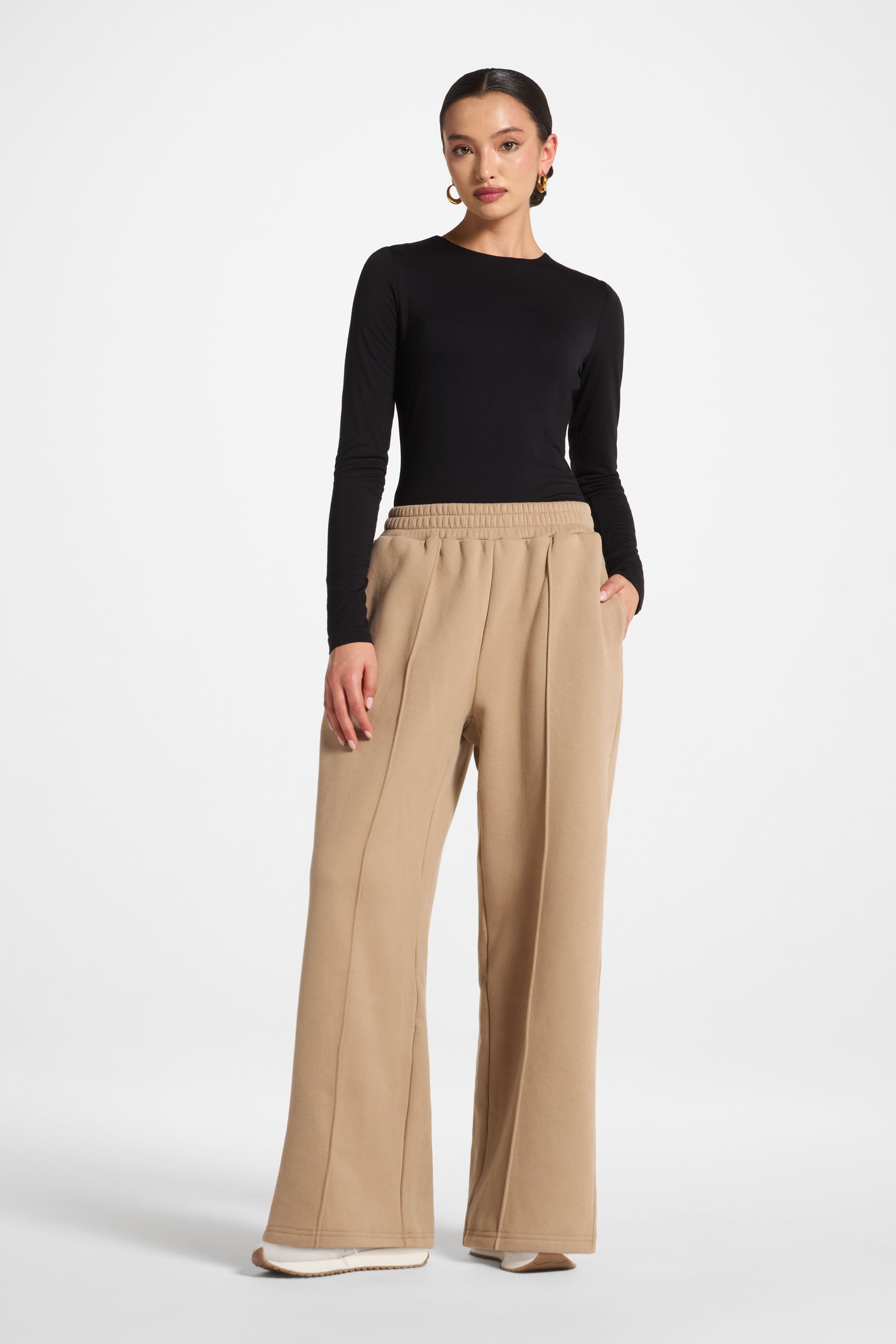 Cotton Pintuck Wide Leg Sweatpants - Mocha Abayas Veiled