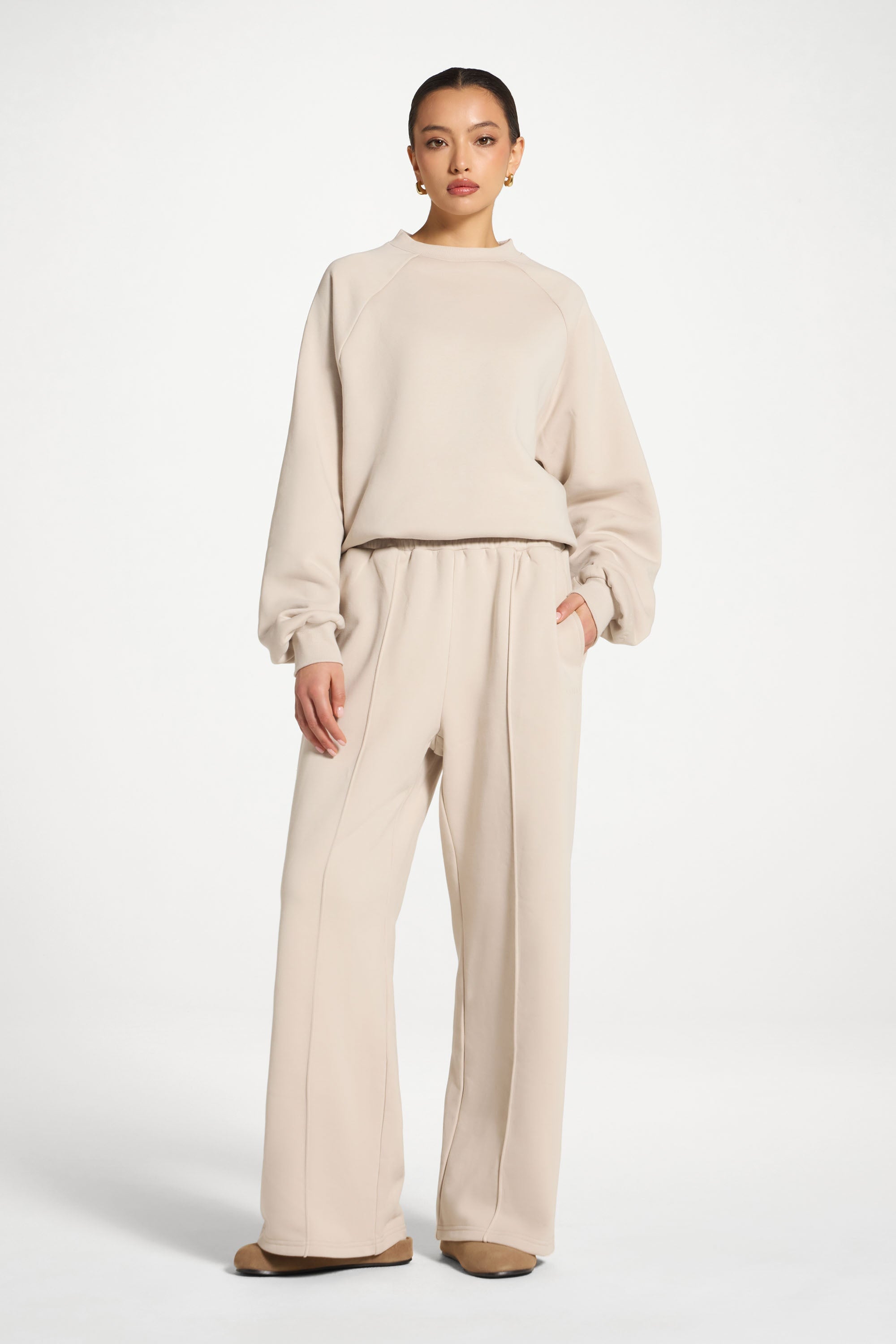 Cotton Pintuck Wide Leg Sweatpants - Stone Abayas Veiled