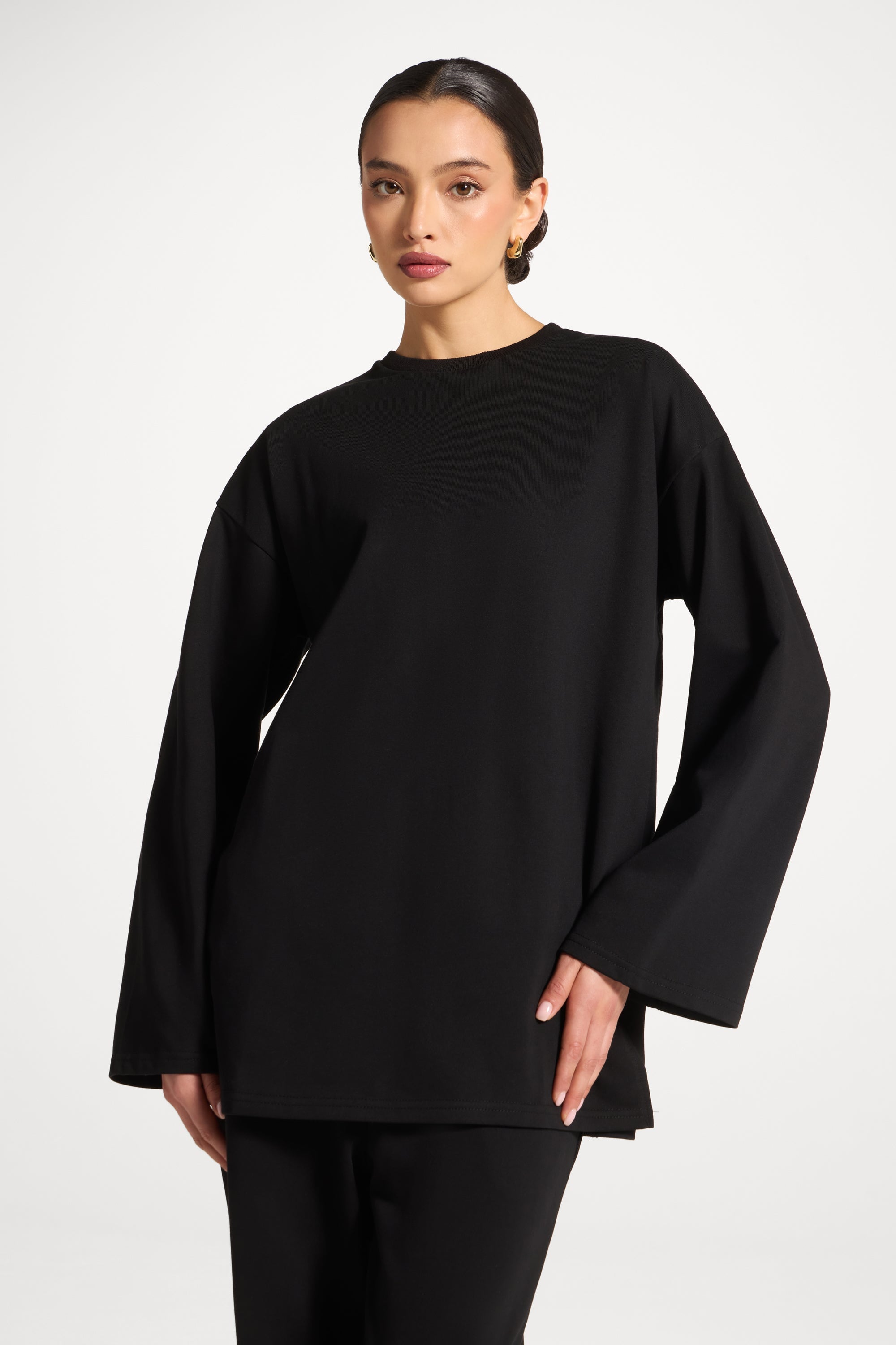 Cotton Sweatshirt Top - Black Abayas Veiled