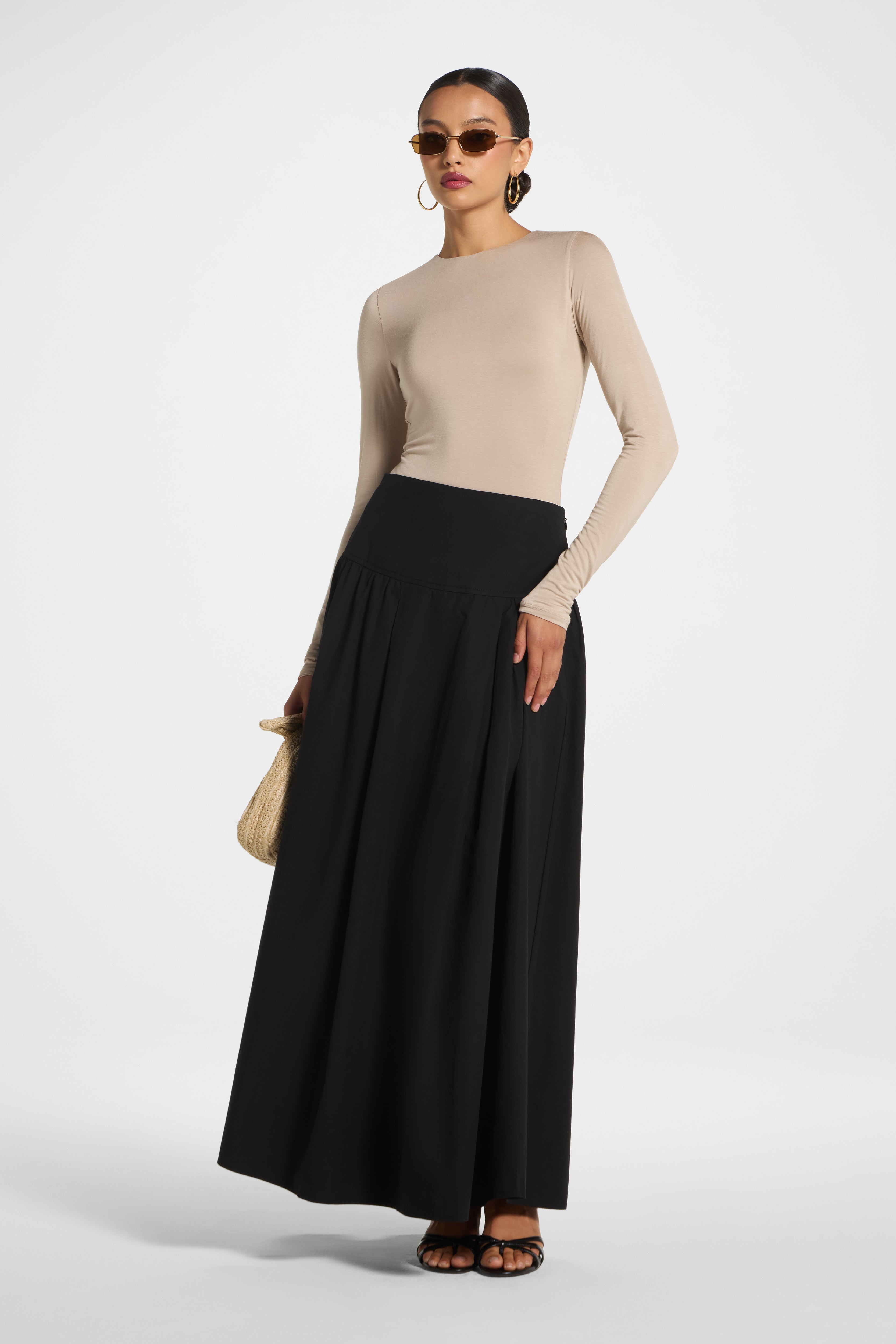 Cotton Wide Yoke Skirt - Black Skirt Veiled