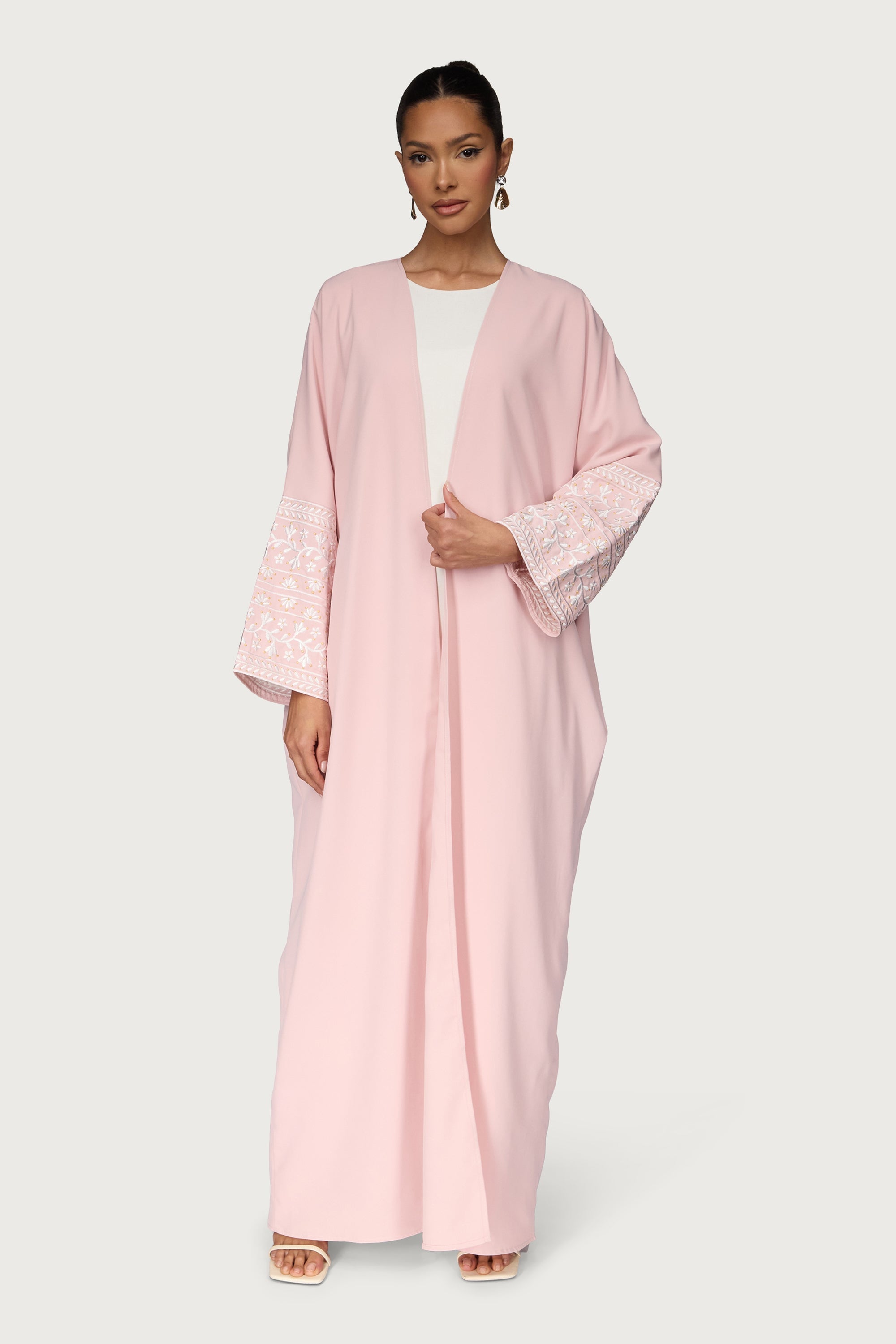 Dalal Embroidered Open Abaya - Pastel Pink Abayas Veiled