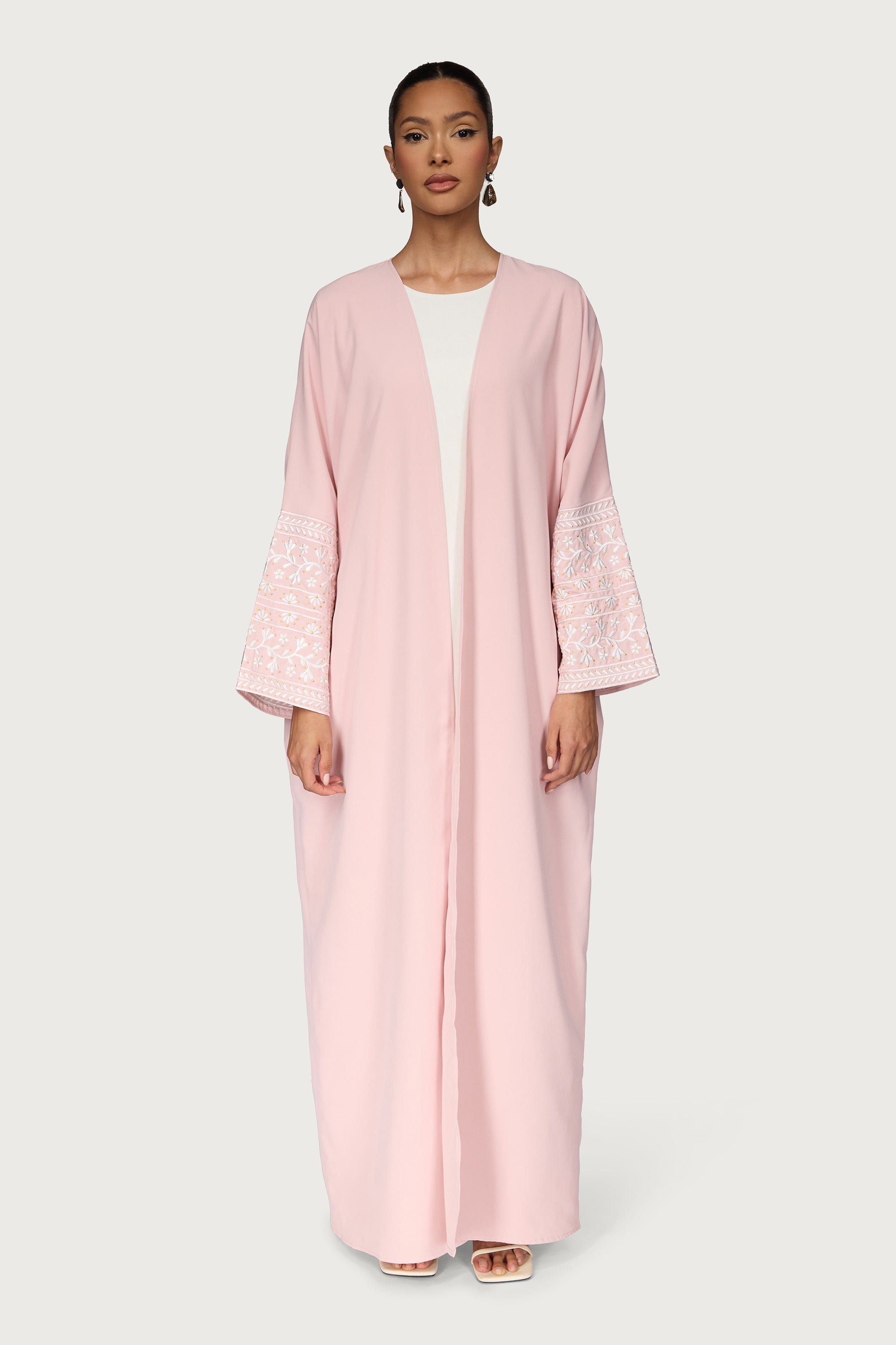 Dalal Embroidered Open Abaya - Pastel Pink Abayas Veiled