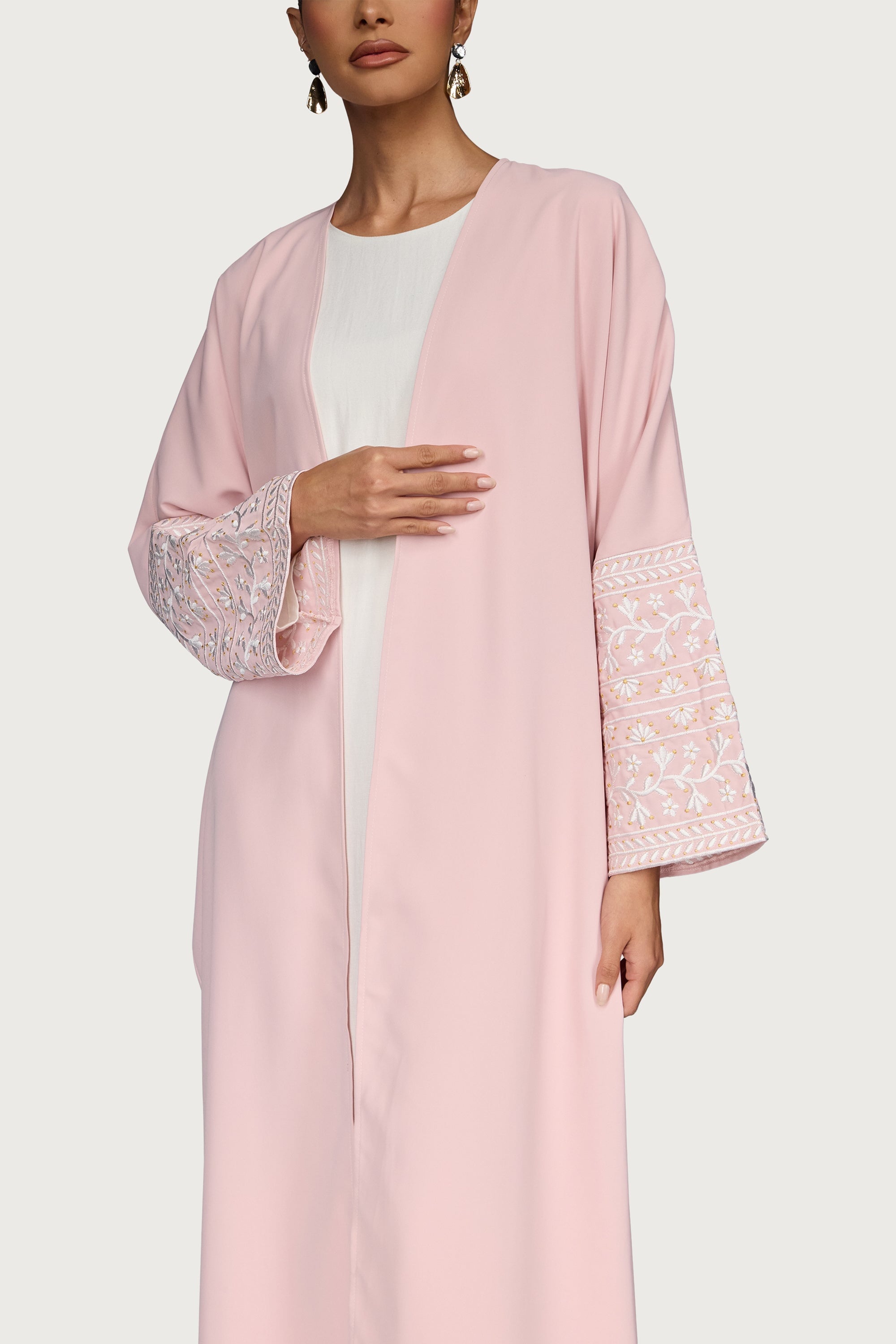 Dalal Embroidered Open Abaya - Pastel Pink Abayas Veiled