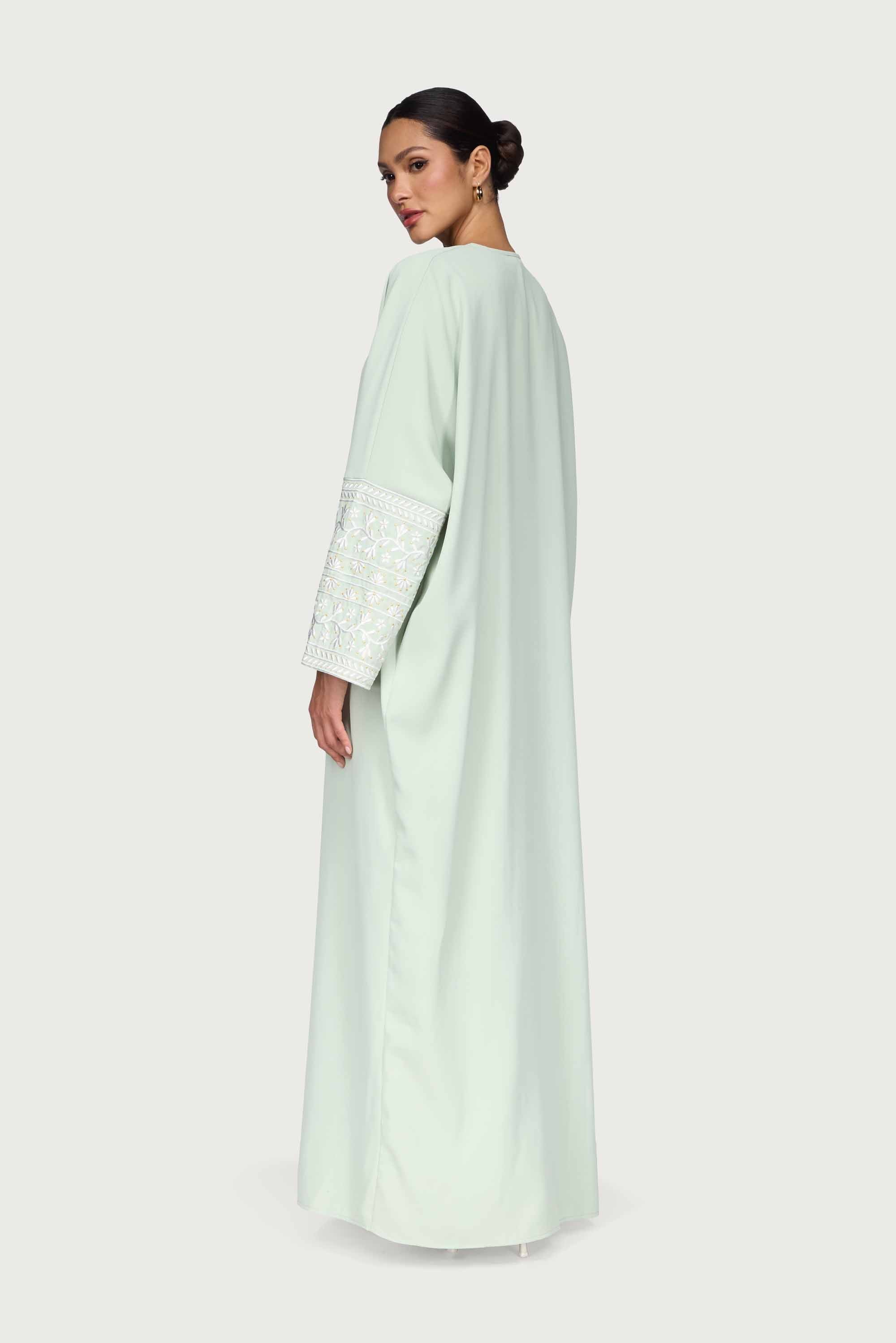 Dalal Embroidered Open Abaya - Pistachio Abayas Veiled