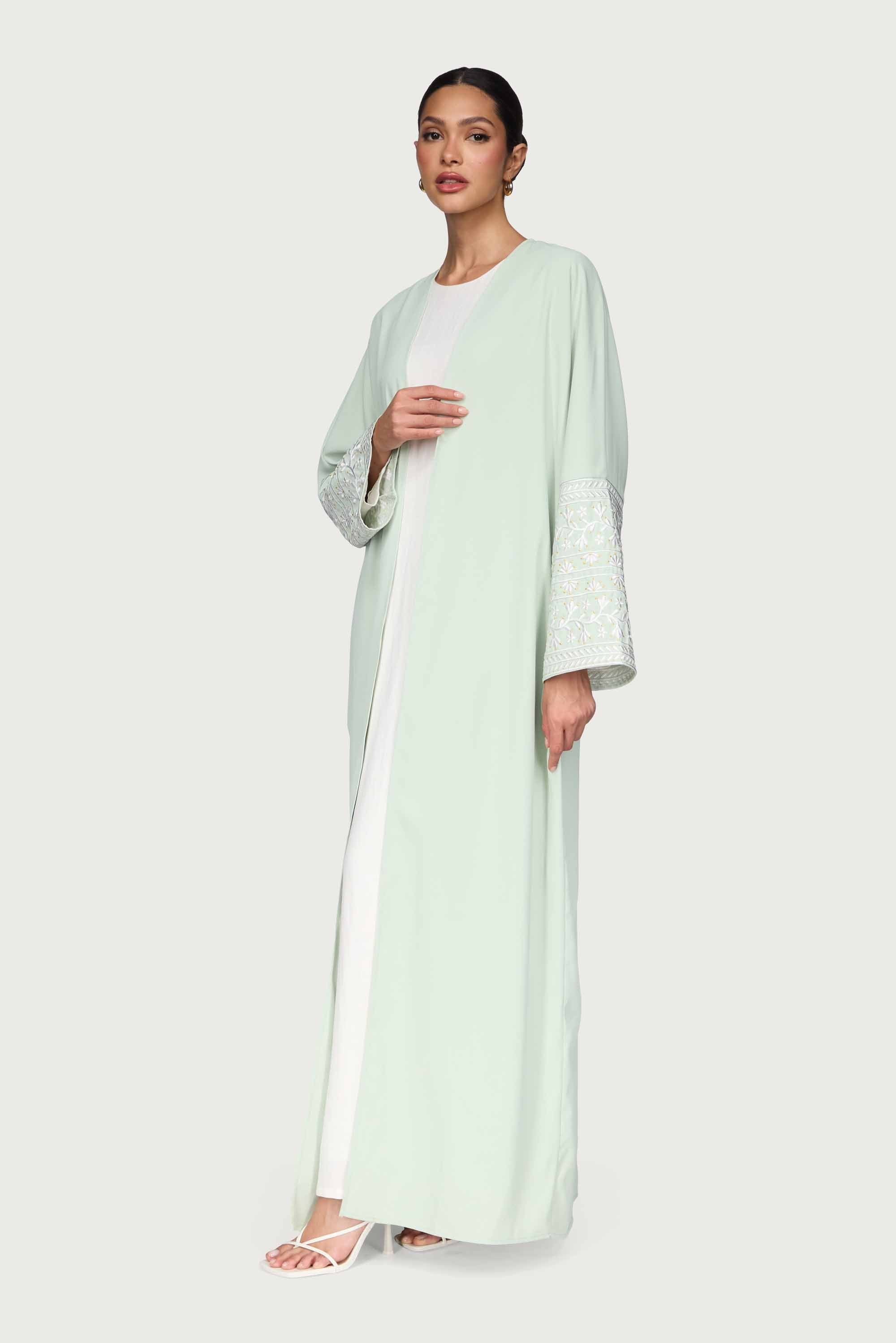 Dalal Embroidered Open Abaya - Pistachio Abayas Veiled