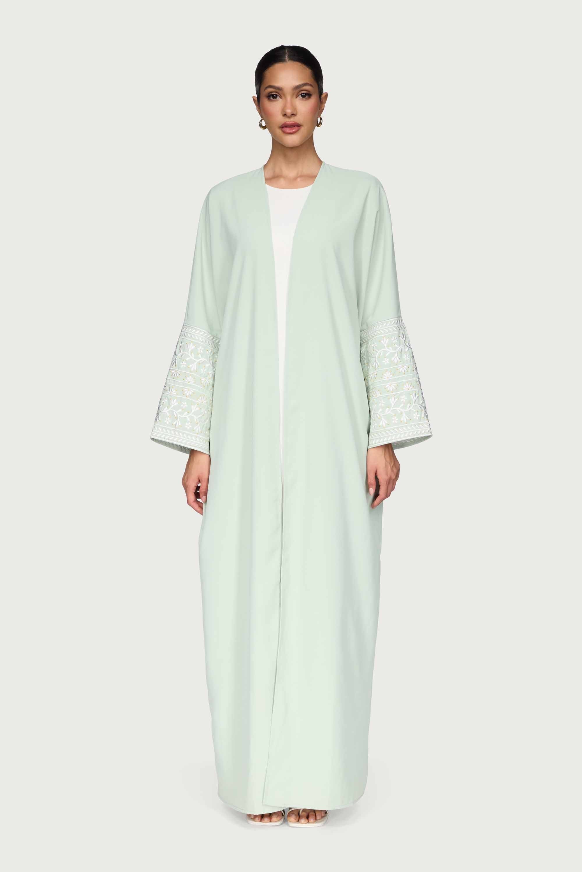 Dalal Embroidered Open Abaya - Pistachio Abayas Veiled
