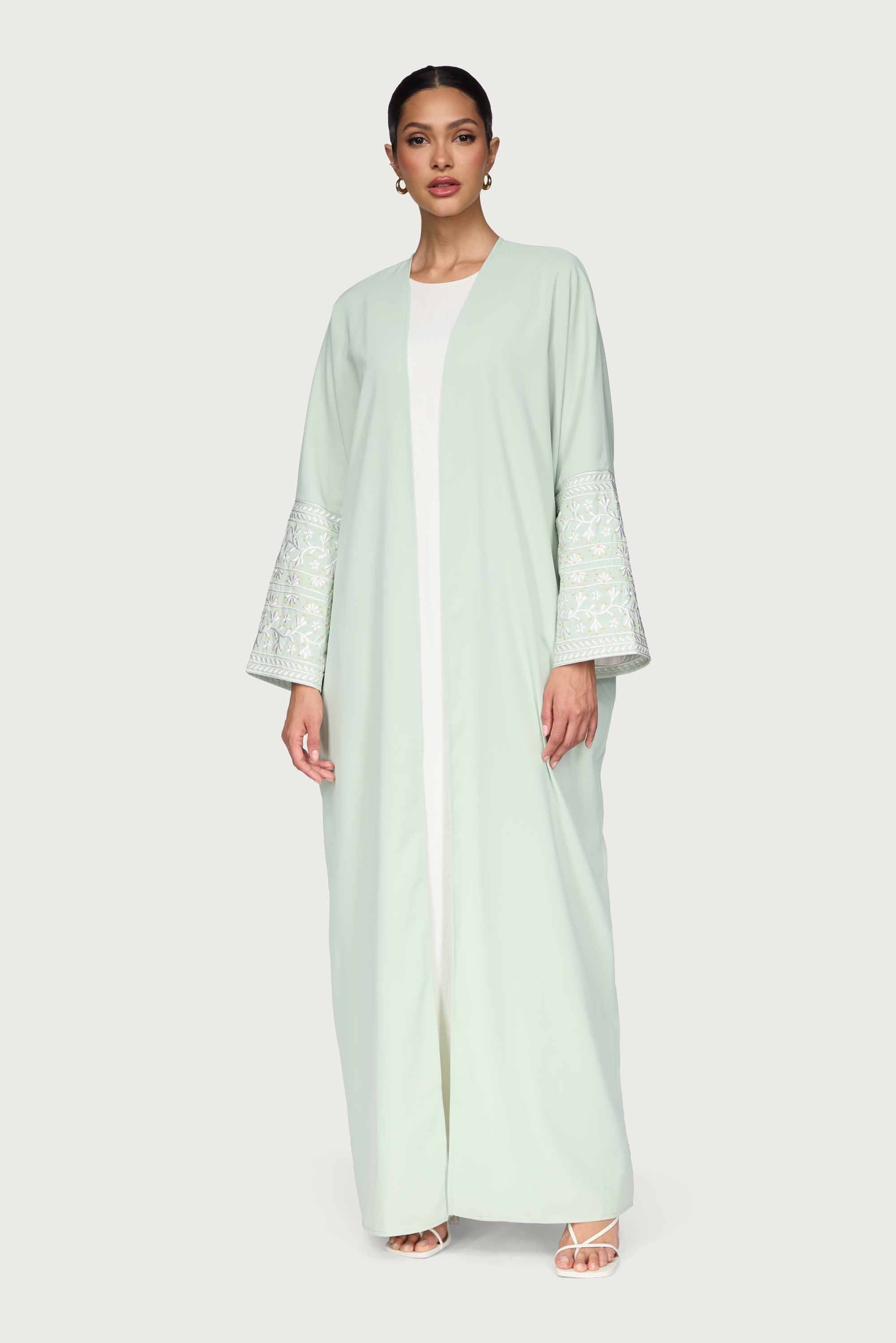 Dalal Embroidered Open Abaya - Pistachio Abayas Veiled