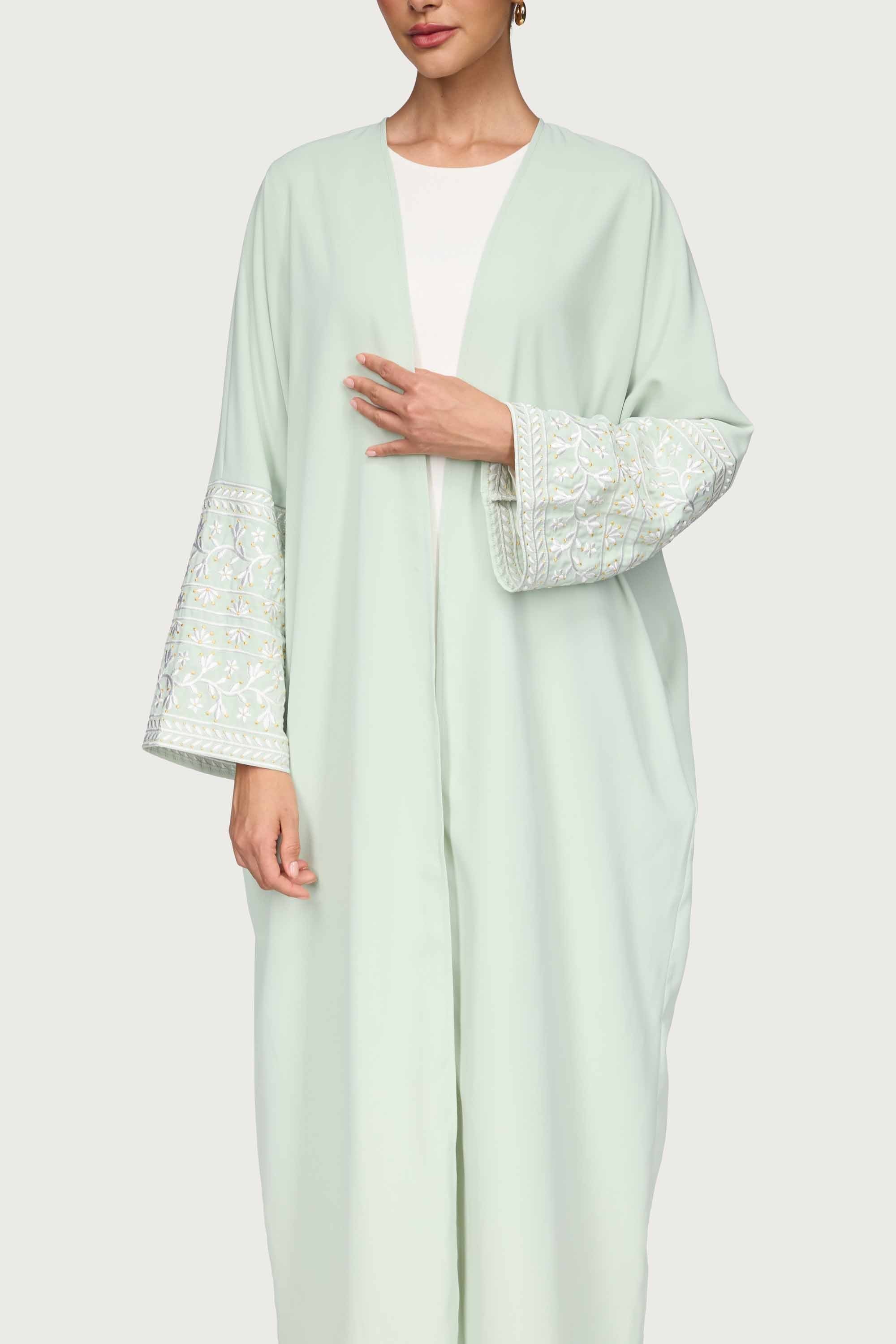 Dalal Embroidered Open Abaya - Pistachio Abayas Veiled