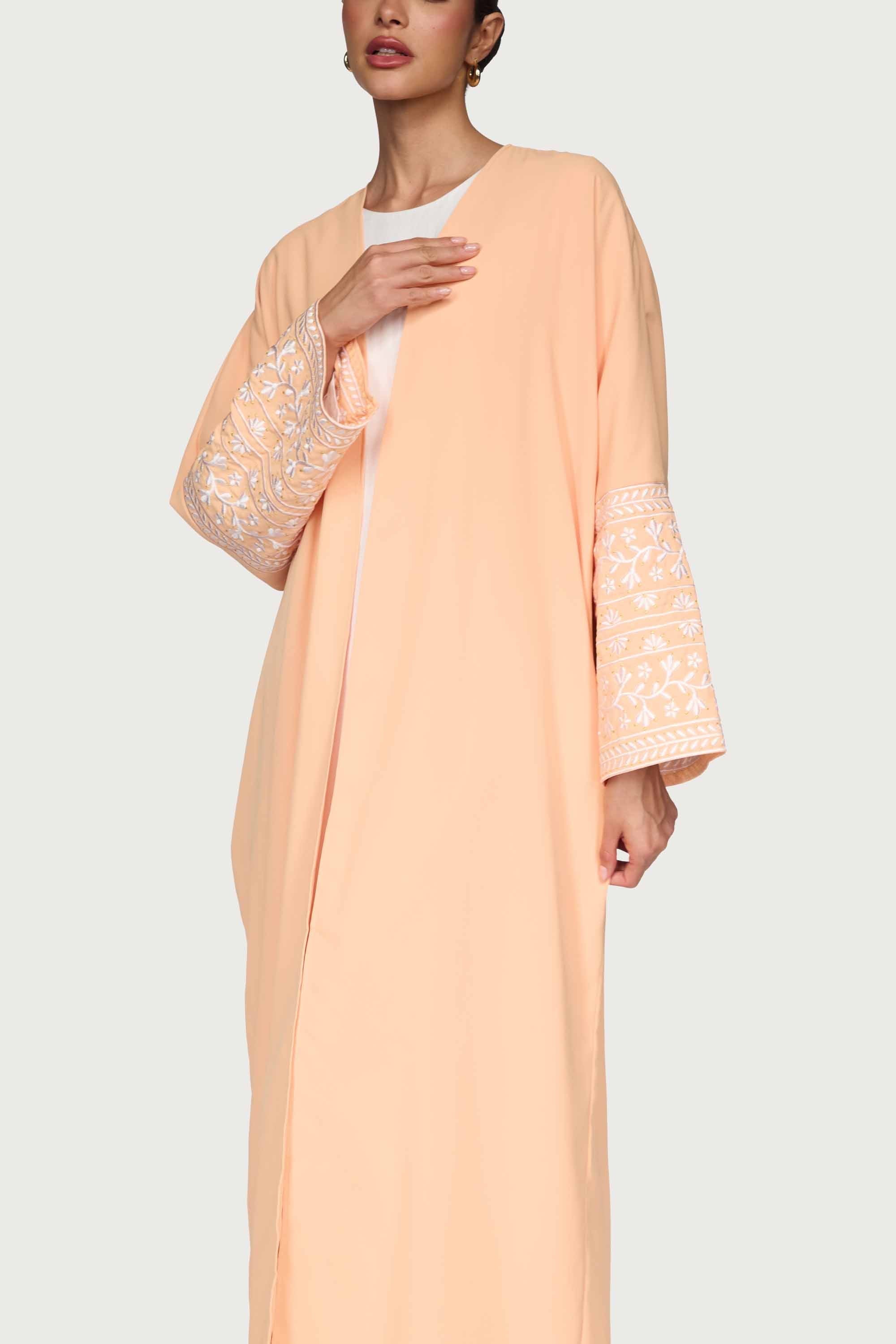 Dalal Embroidered Open Abaya - Summer Peach Abayas Veiled