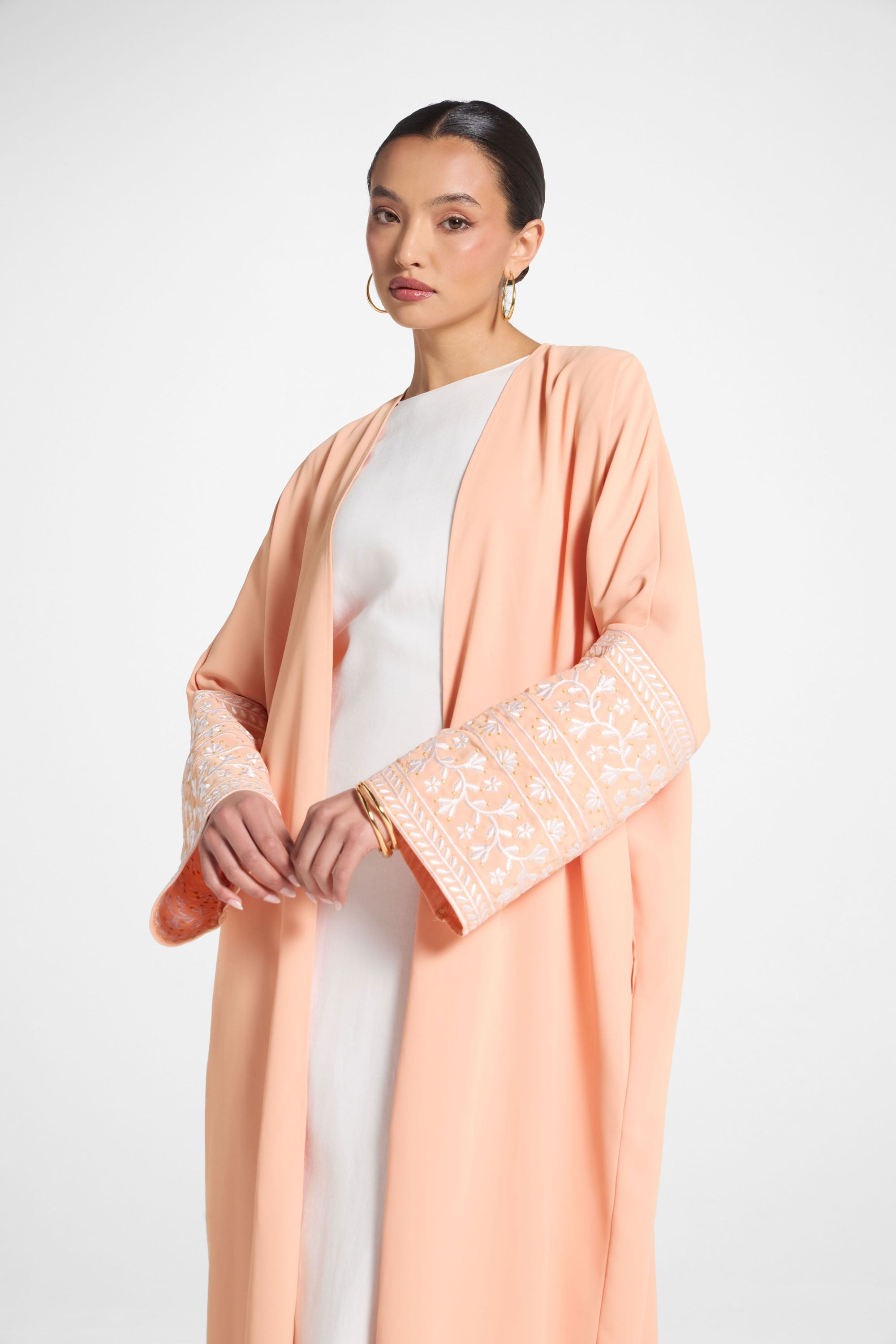 Dalal Embroidered Open Abaya - Summer Peach Abayas Veiled