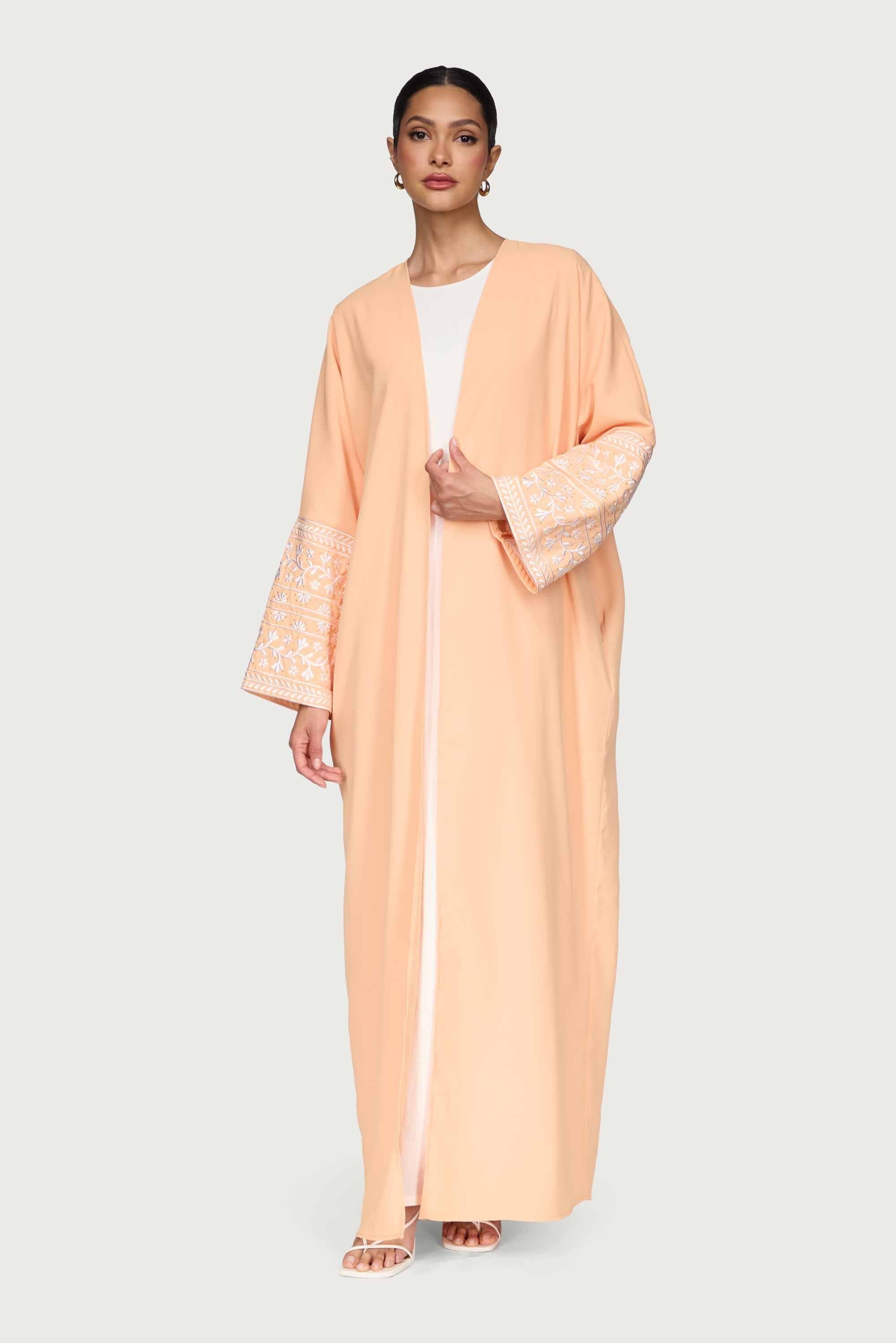 Dalal Embroidered Open Abaya - Summer Peach Abayas Veiled