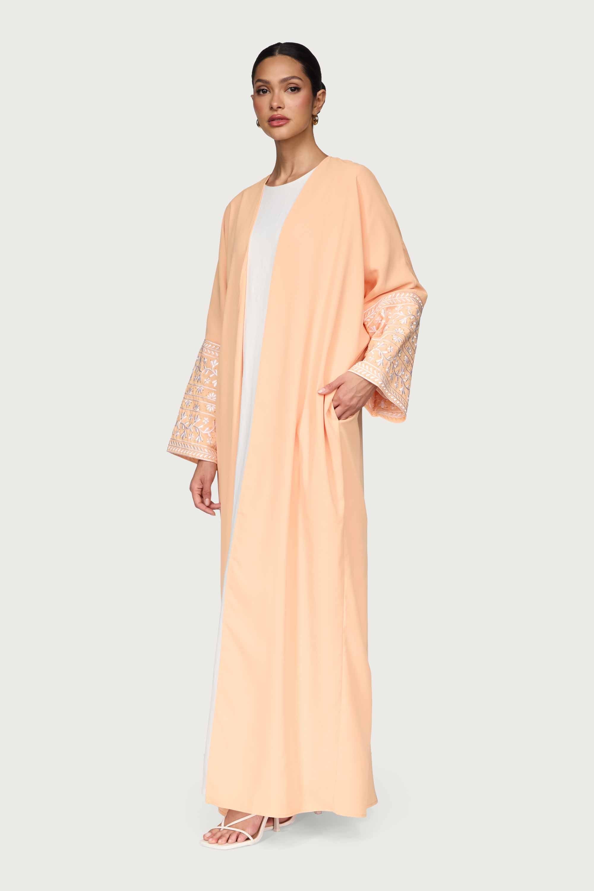 Dalal Embroidered Open Abaya - Summer Peach Abayas Veiled