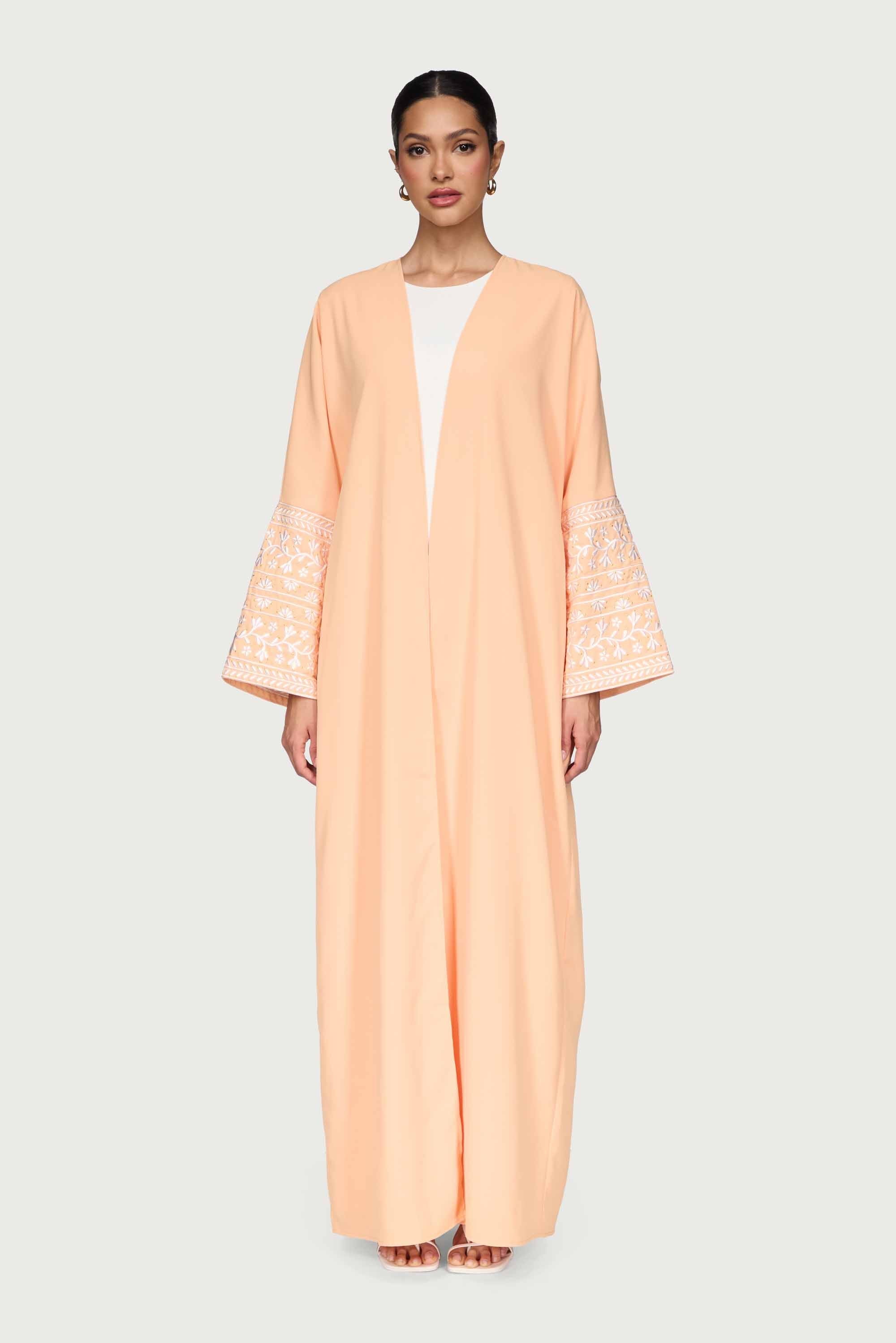 Dalal Embroidered Open Abaya - Summer Peach Abayas Veiled