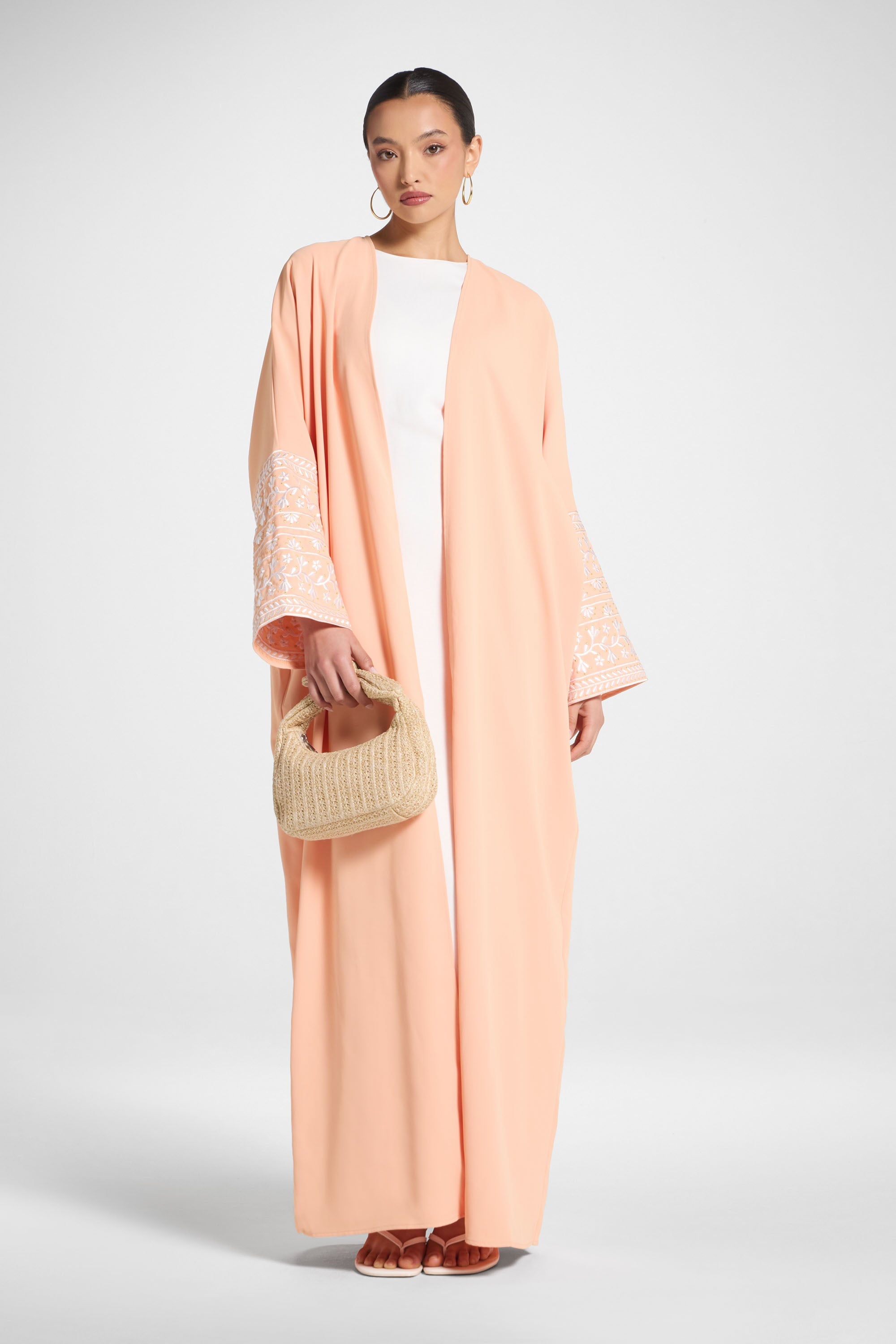 Dalal Embroidered Open Abaya - Summer Peach Abayas Veiled