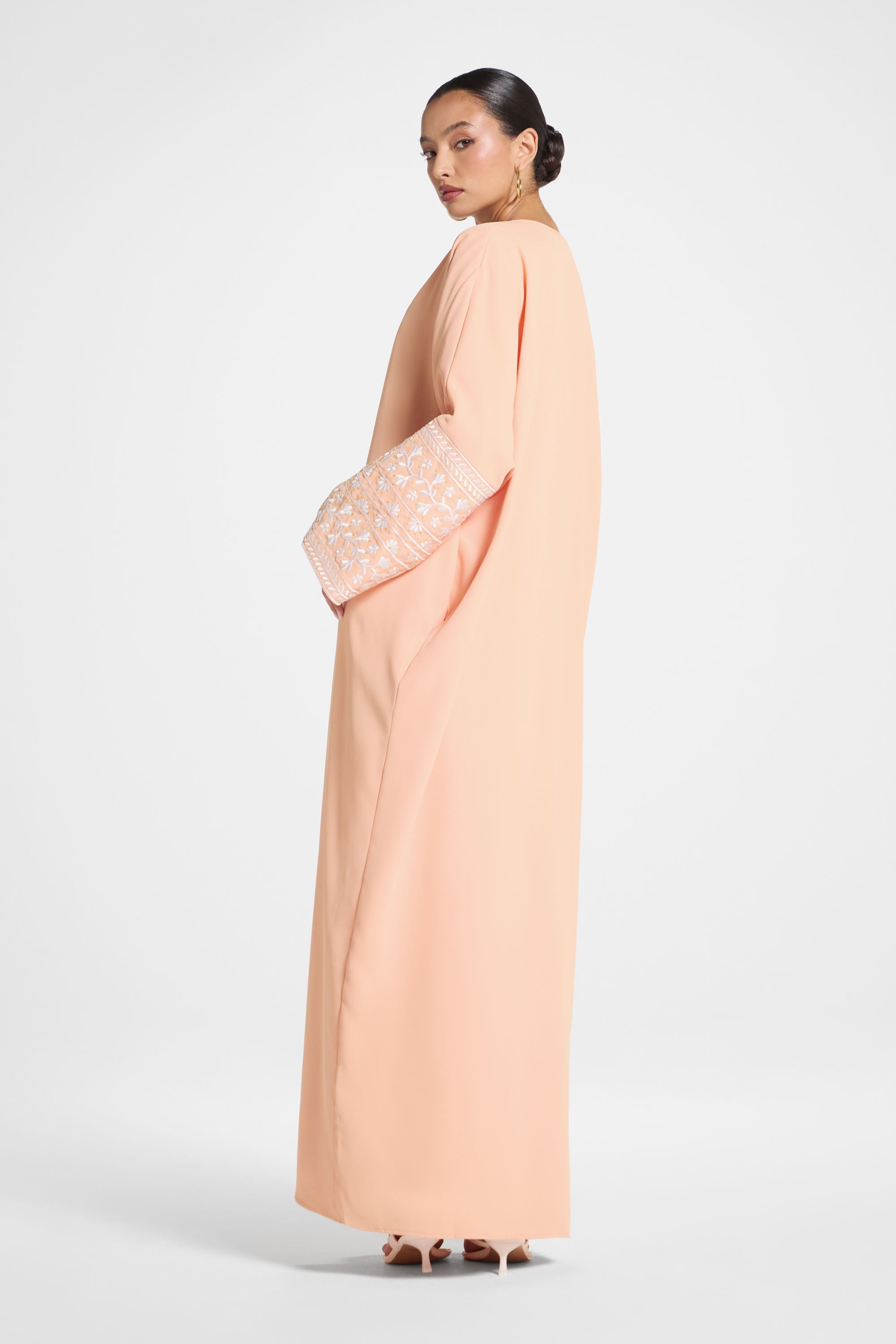 Dalal Embroidered Open Abaya - Summer Peach Abayas Veiled