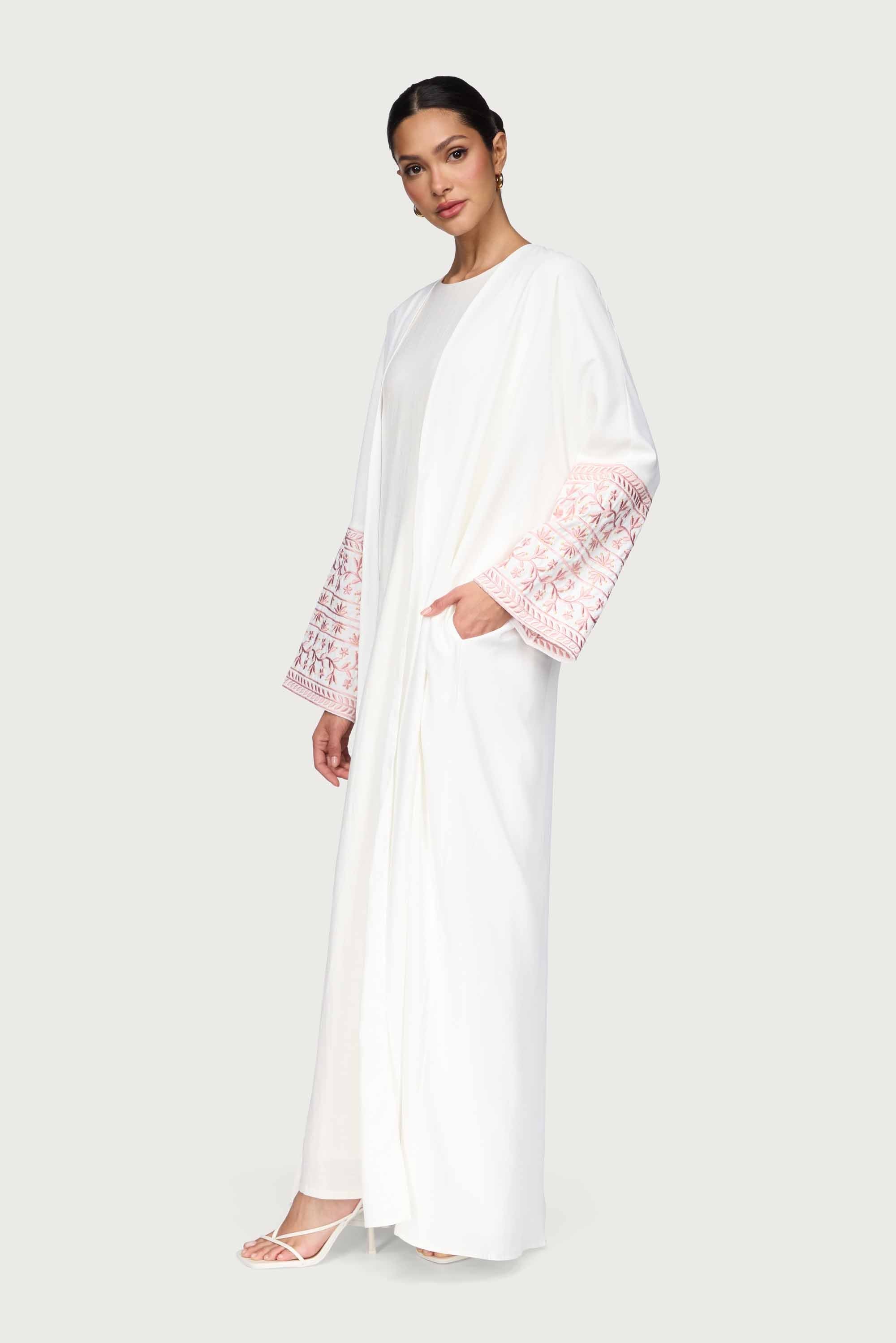 Dalal Embroidered Open Abaya - White Abayas Veiled
