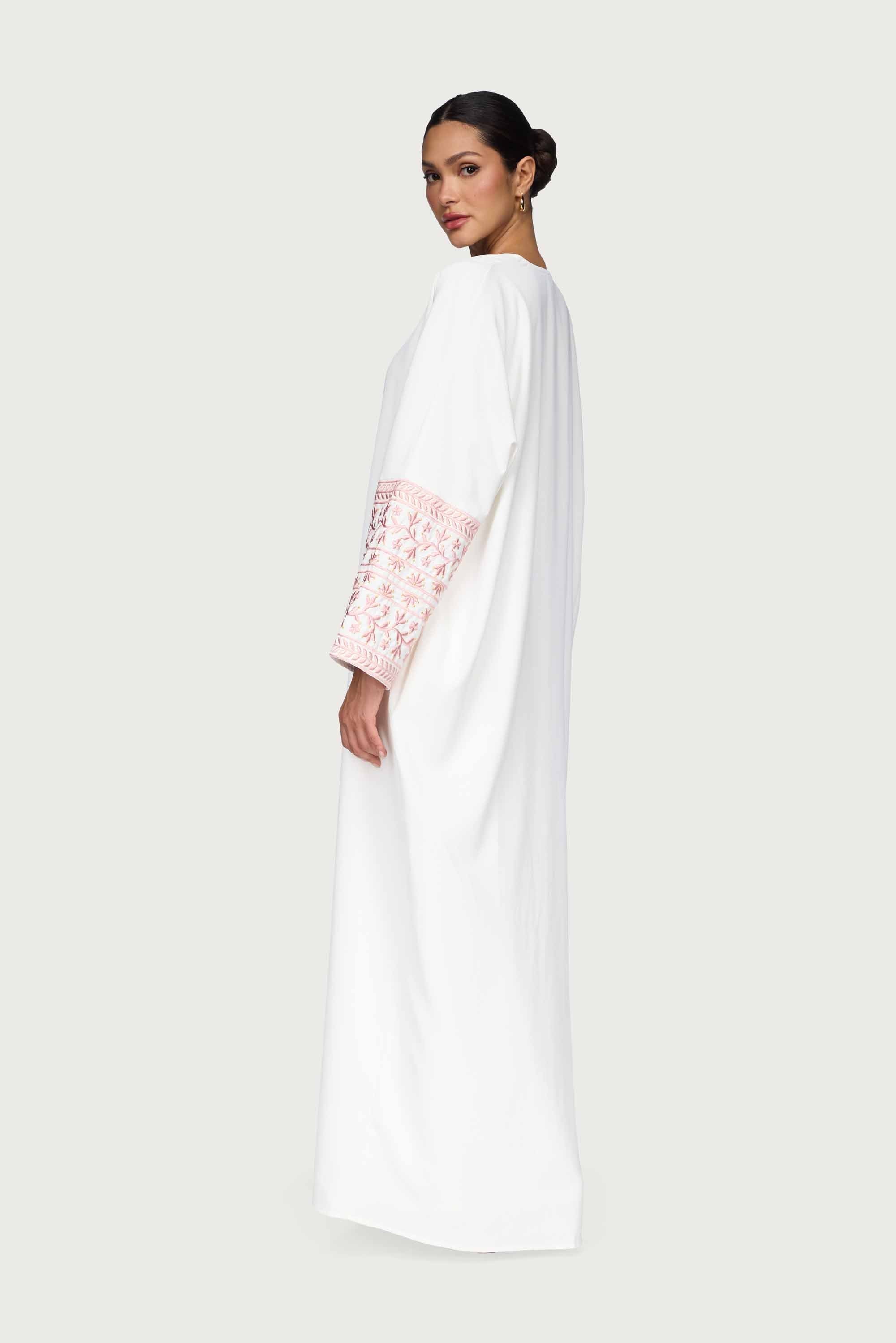 Dalal Embroidered Open Abaya - White Abayas Veiled