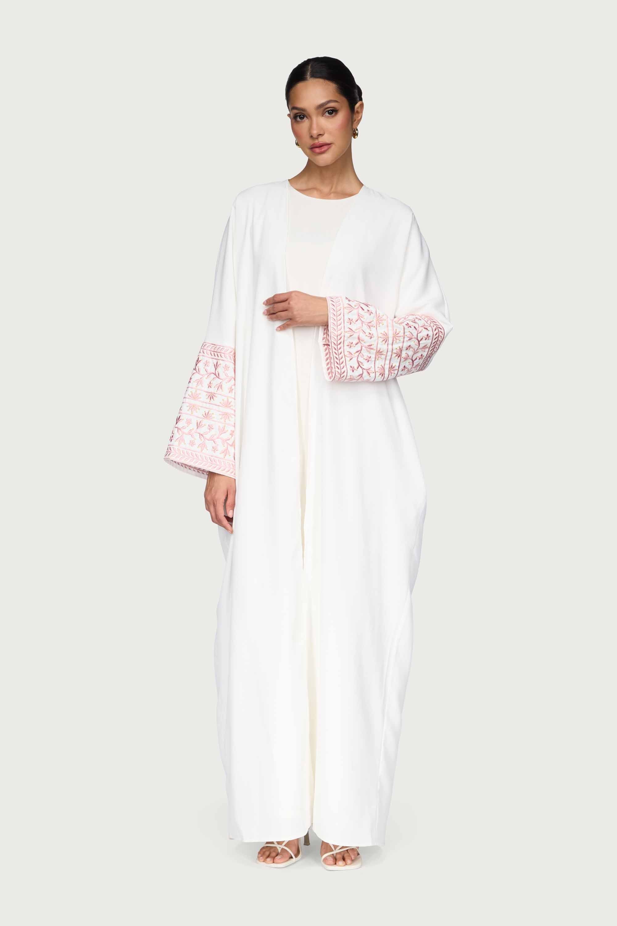 Dalal Embroidered Open Abaya - White Abayas Veiled