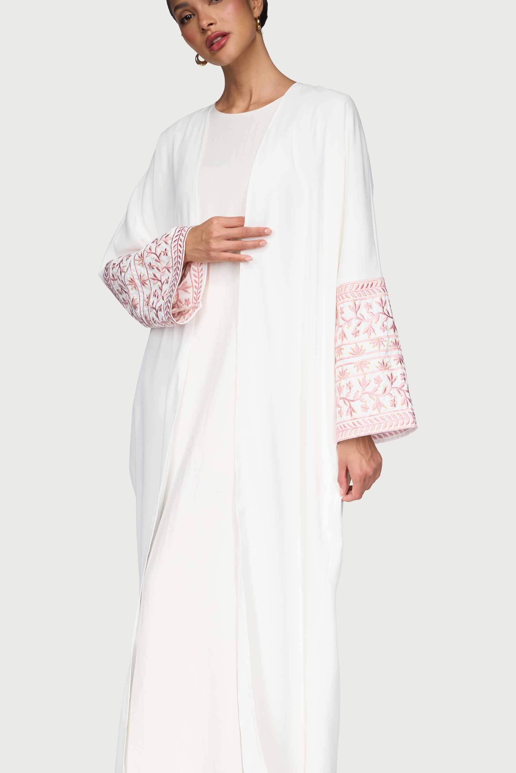 Dalal Embroidered Open Abaya - White Abayas Veiled