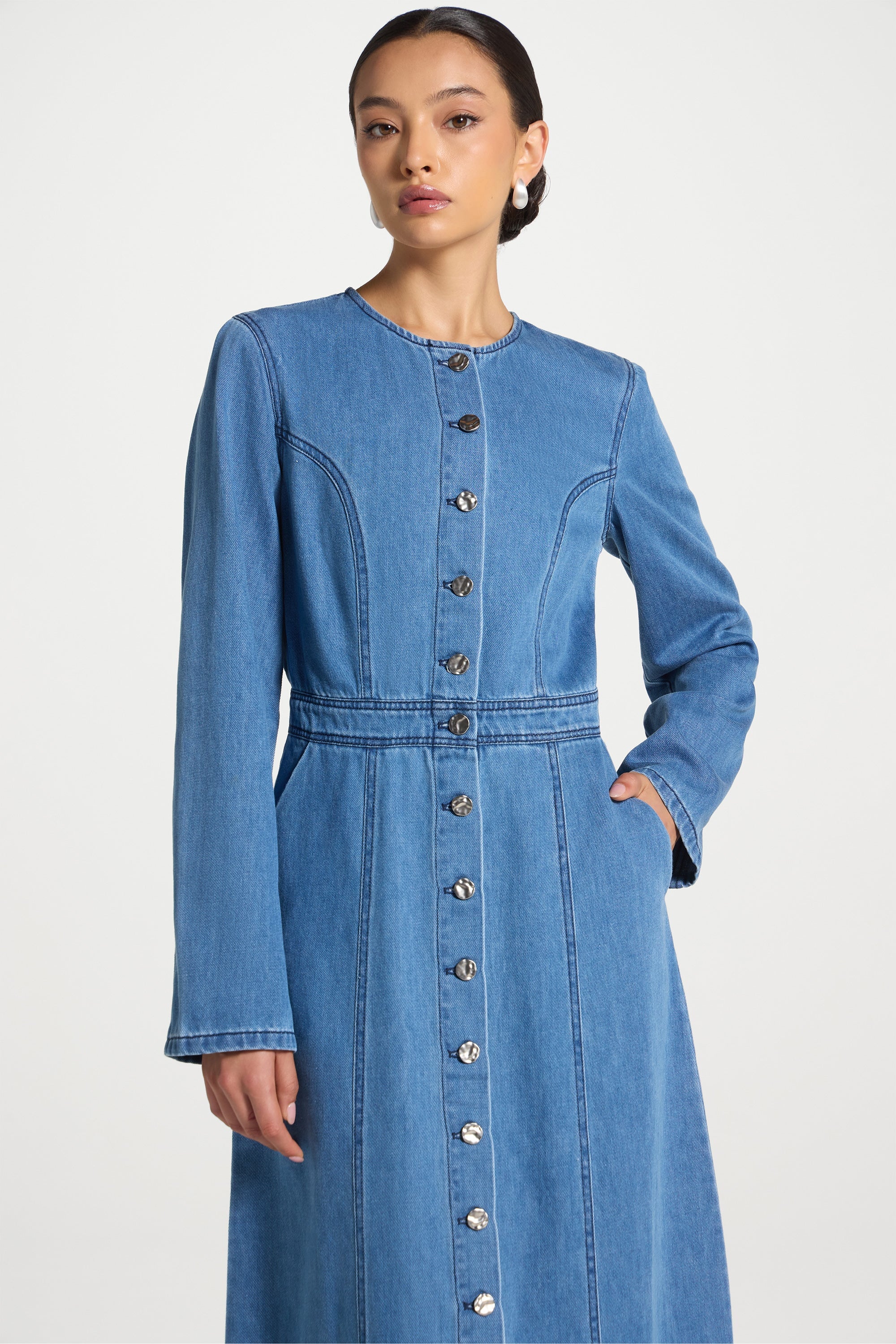 Denim Button Down Maxi Dress Abayas Veiled