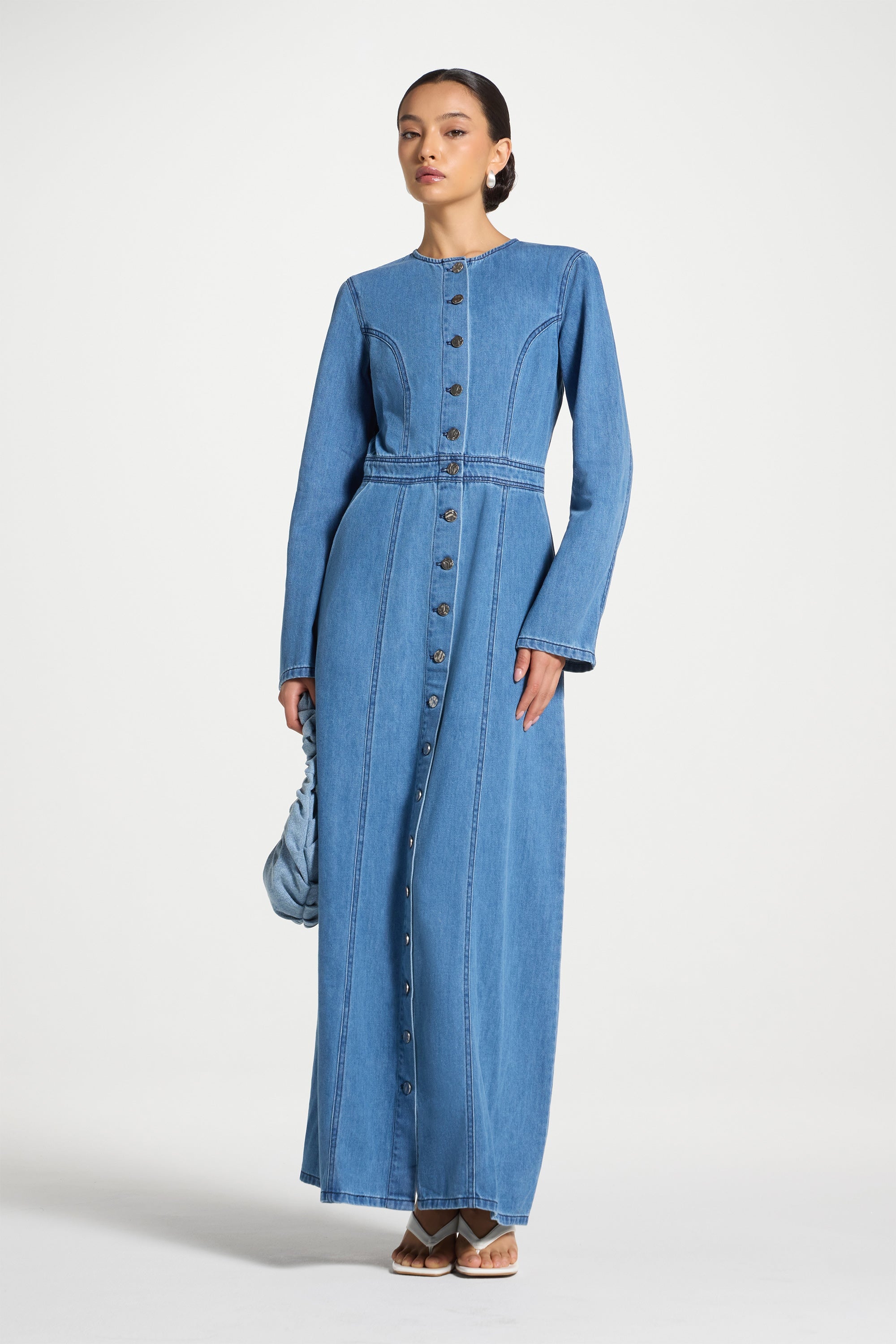 Denim Button Down Maxi Dress Abayas Veiled