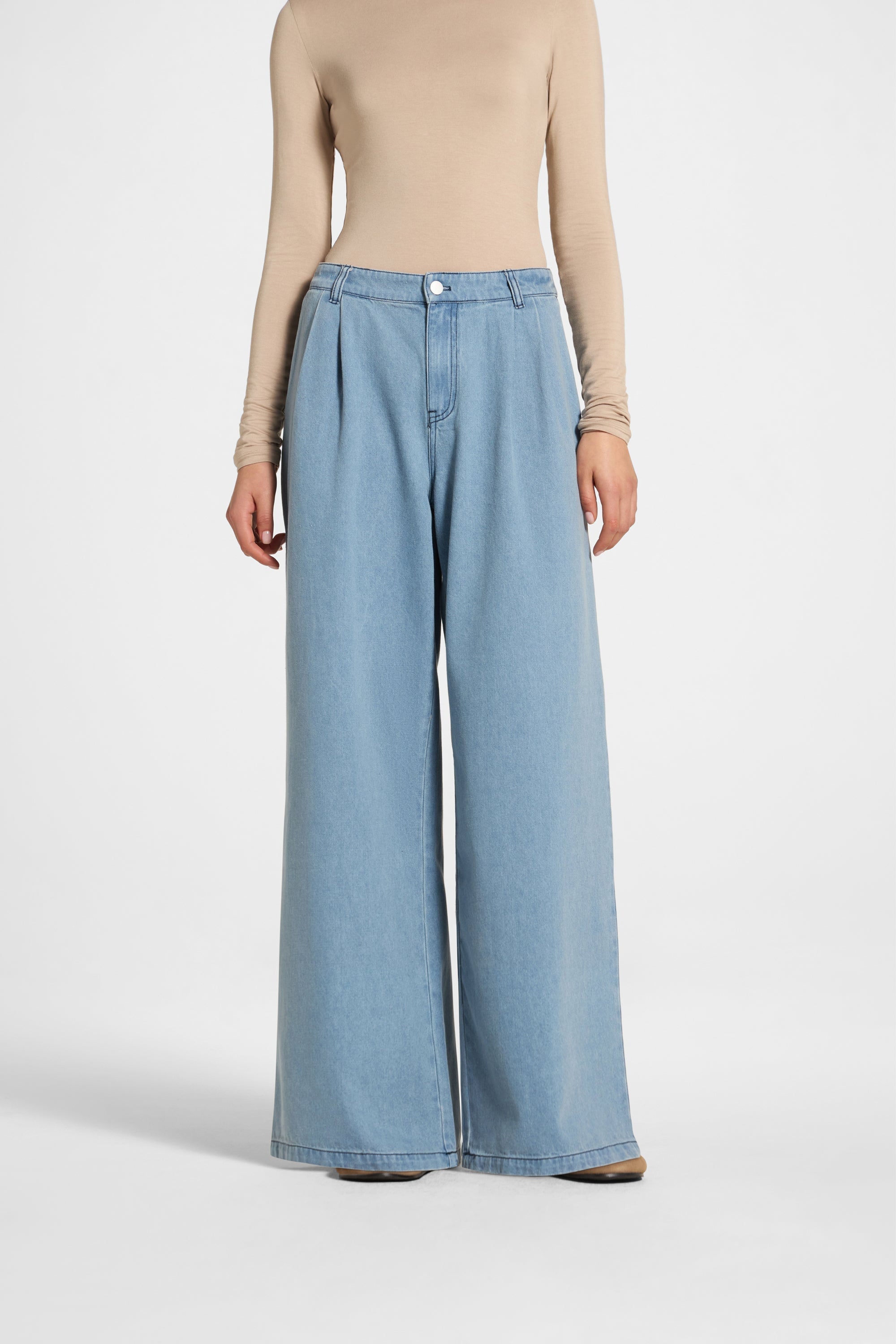 Denim Twin Pleat Pants - Light Wash Abayas Veiled