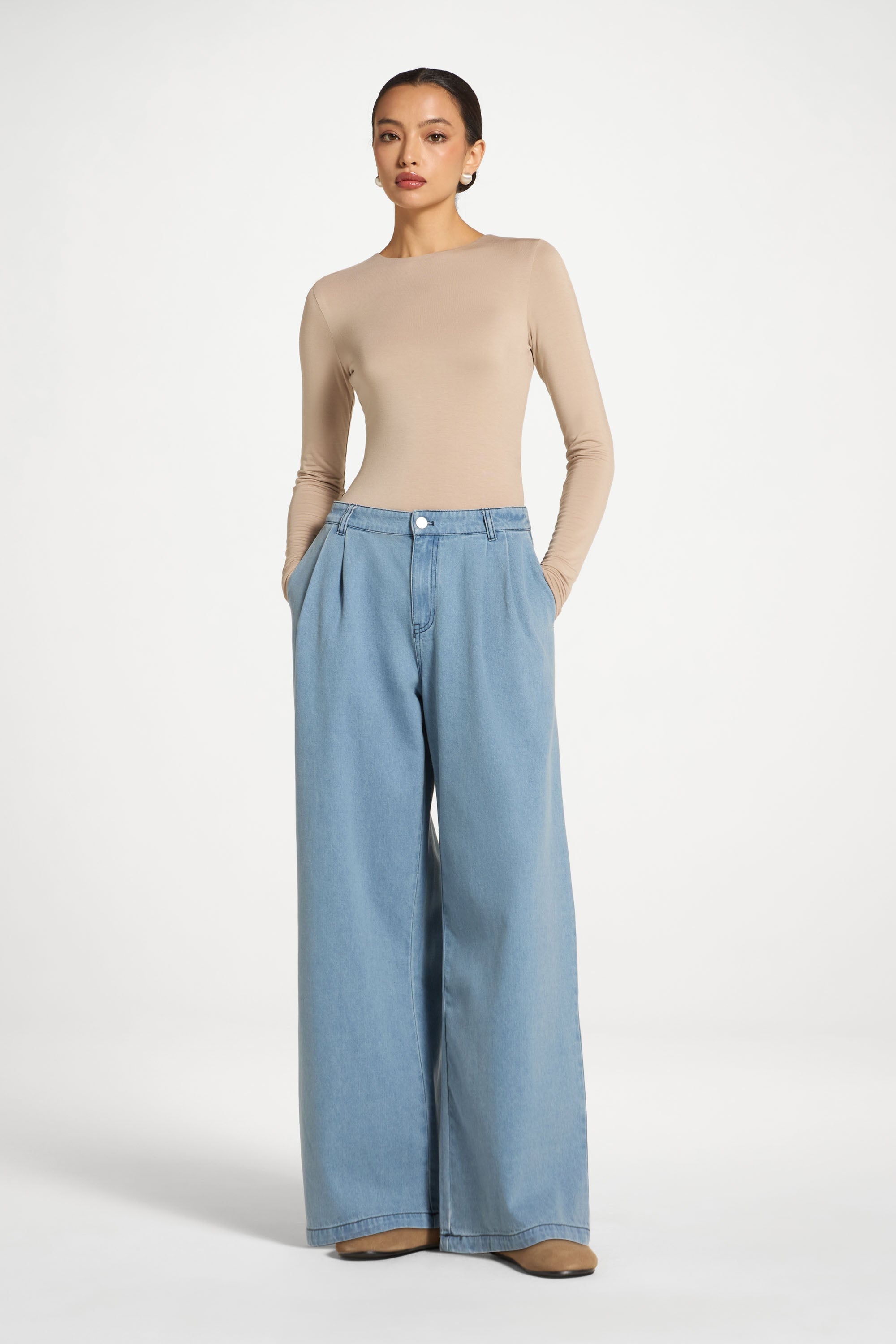 Denim Twin Pleat Pants - Light Wash Abayas Veiled