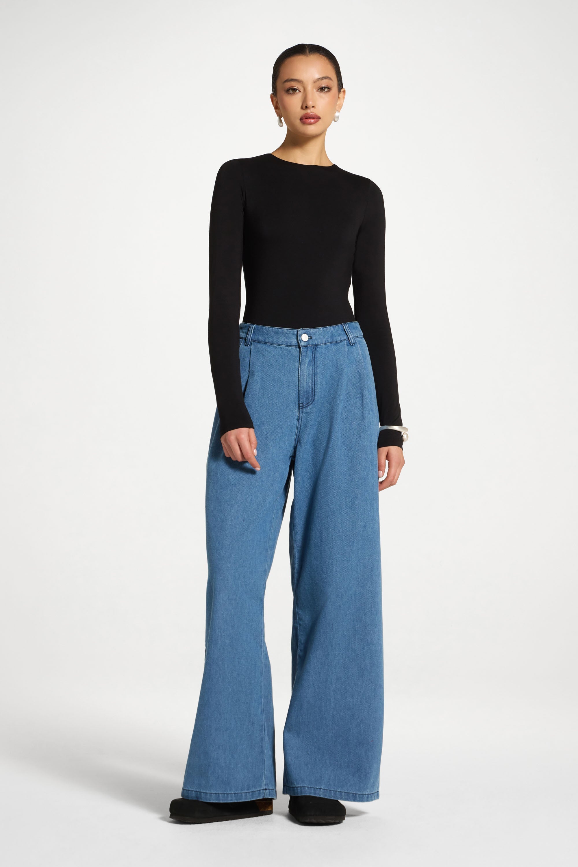 Denim Twin Pleat Pants - Mid Wash Abayas Veiled