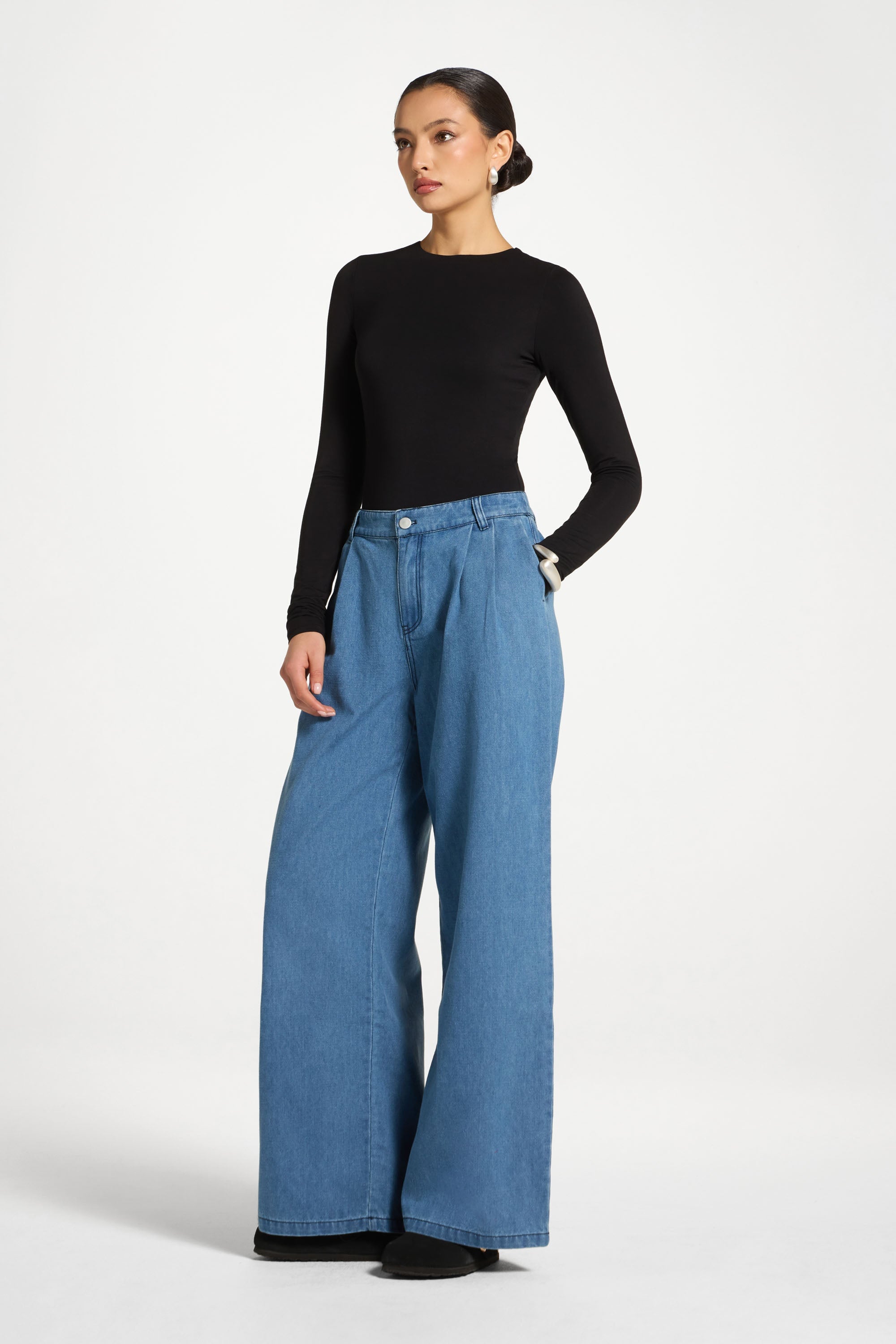 Denim Twin Pleat Pants - Mid Wash Abayas Veiled