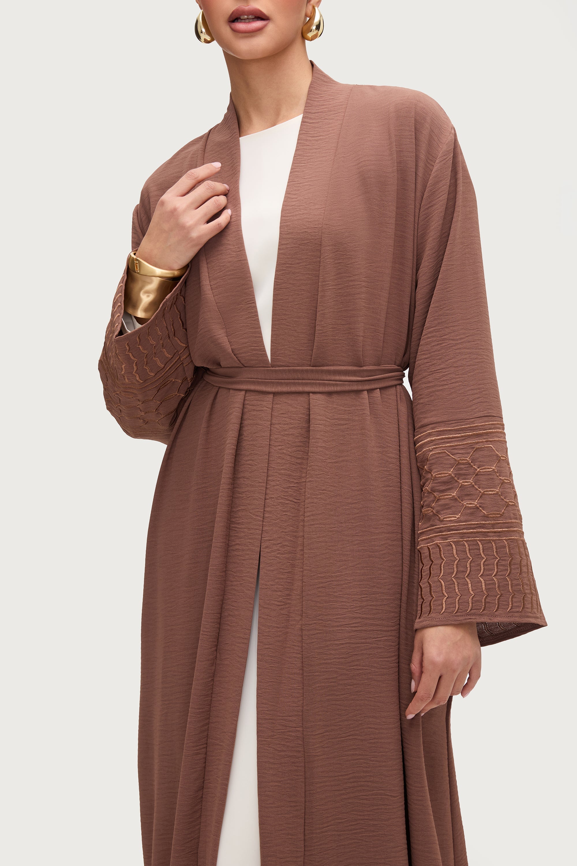 Dima Embroidered Open Abaya - Truffle Abayas Veiled