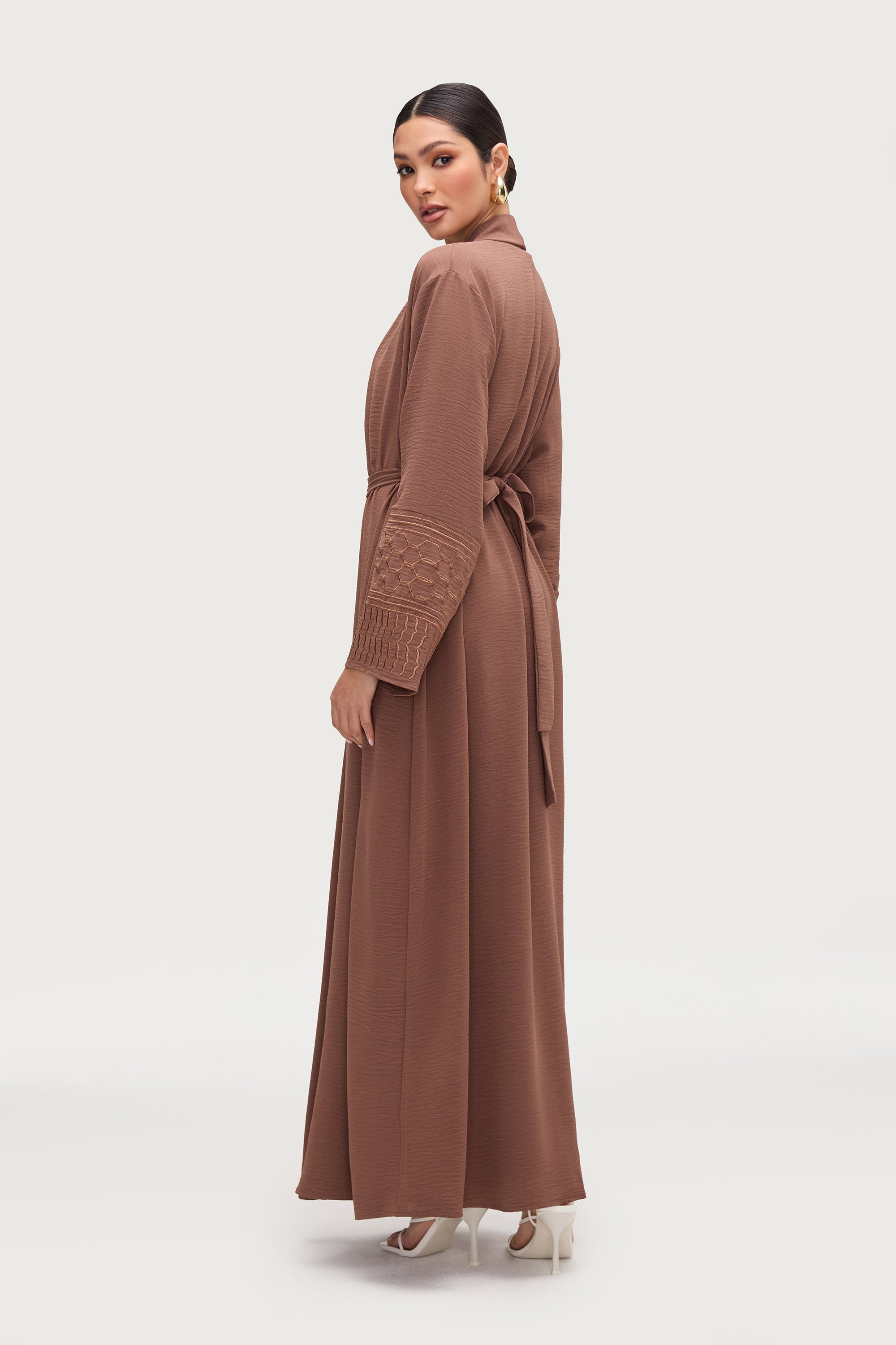 Dima Embroidered Open Abaya - Truffle Abayas Veiled