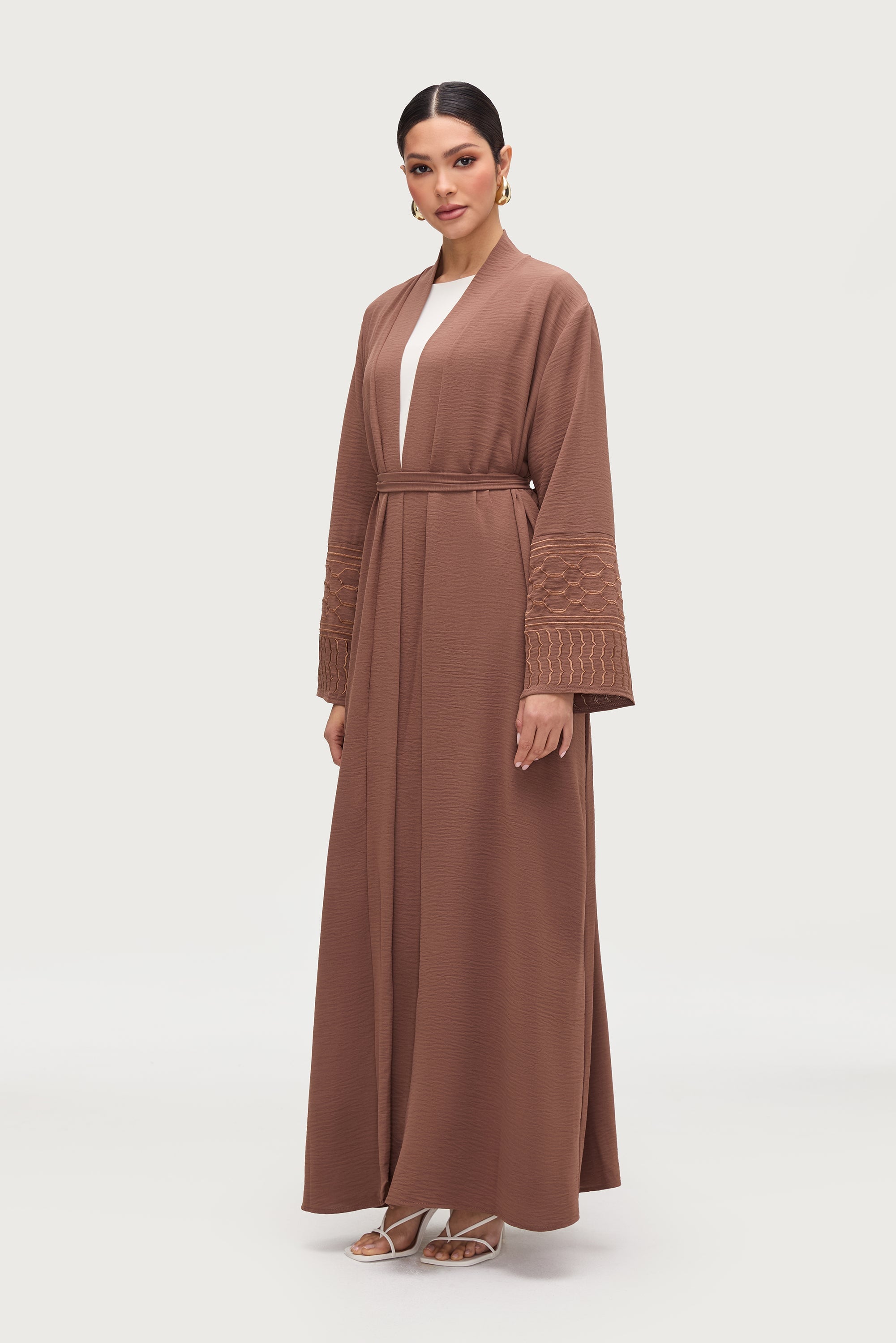 Dima Embroidered Open Abaya - Truffle Abayas Veiled