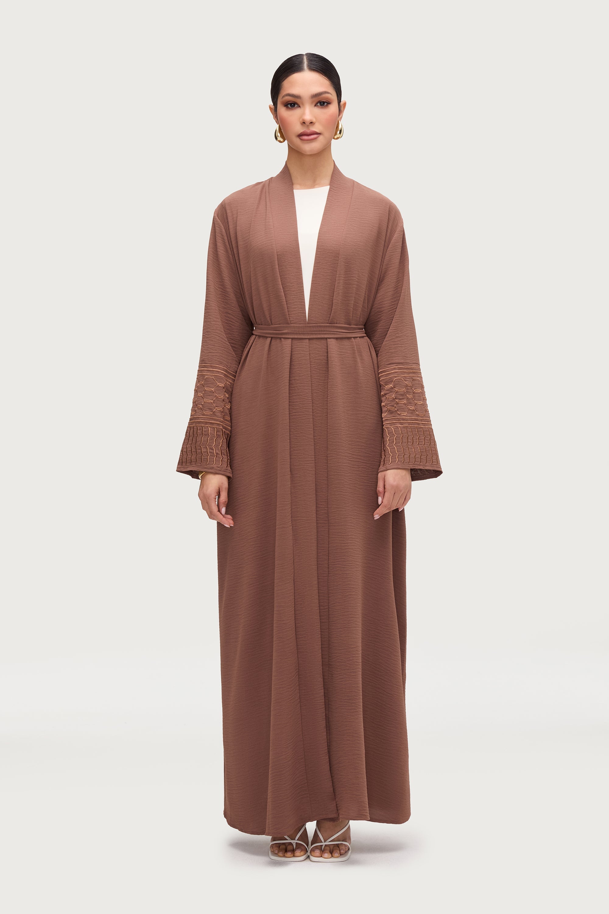 Dima Embroidered Open Abaya - Truffle Abayas Veiled