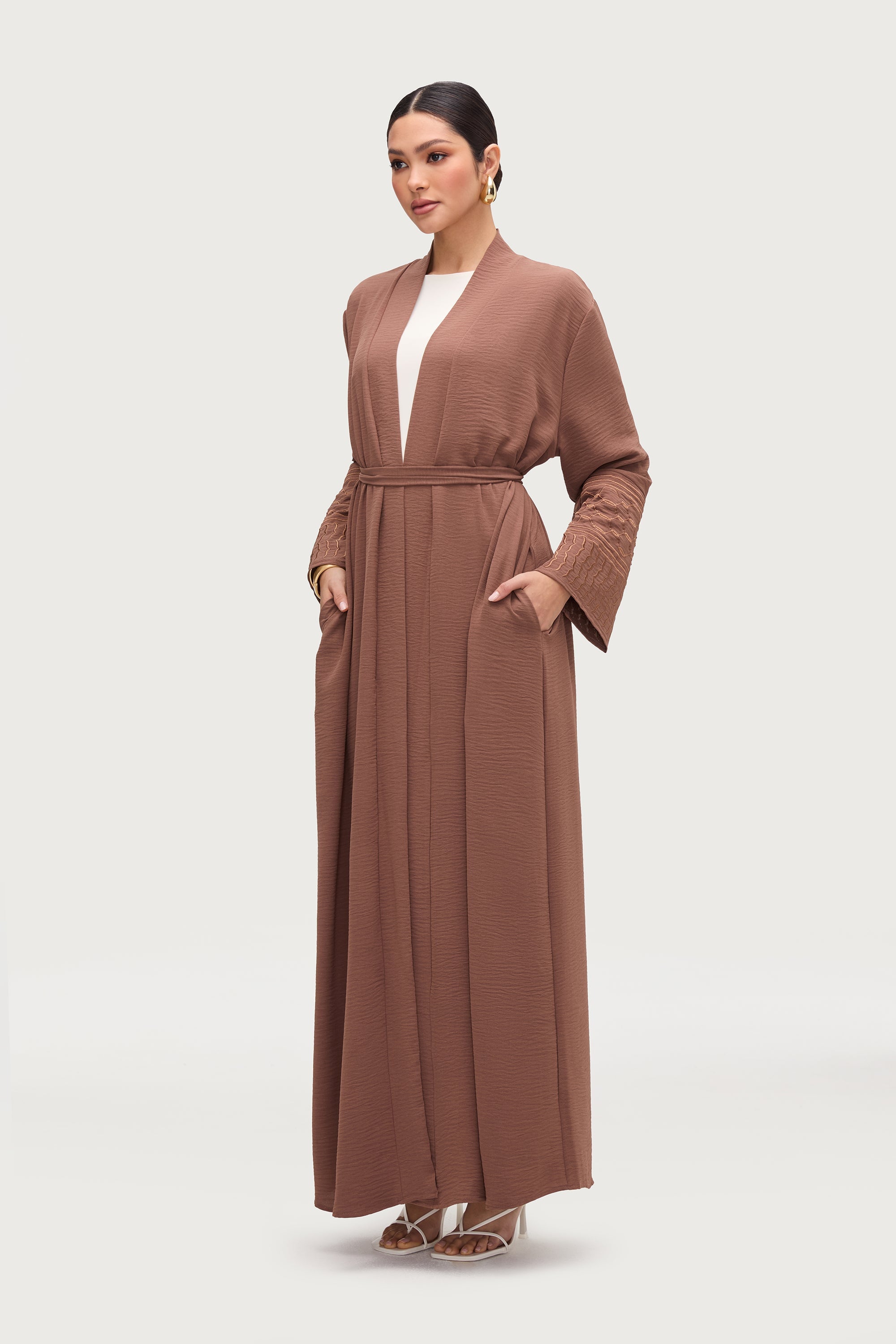 Dima Embroidered Open Abaya - Truffle Abayas Veiled