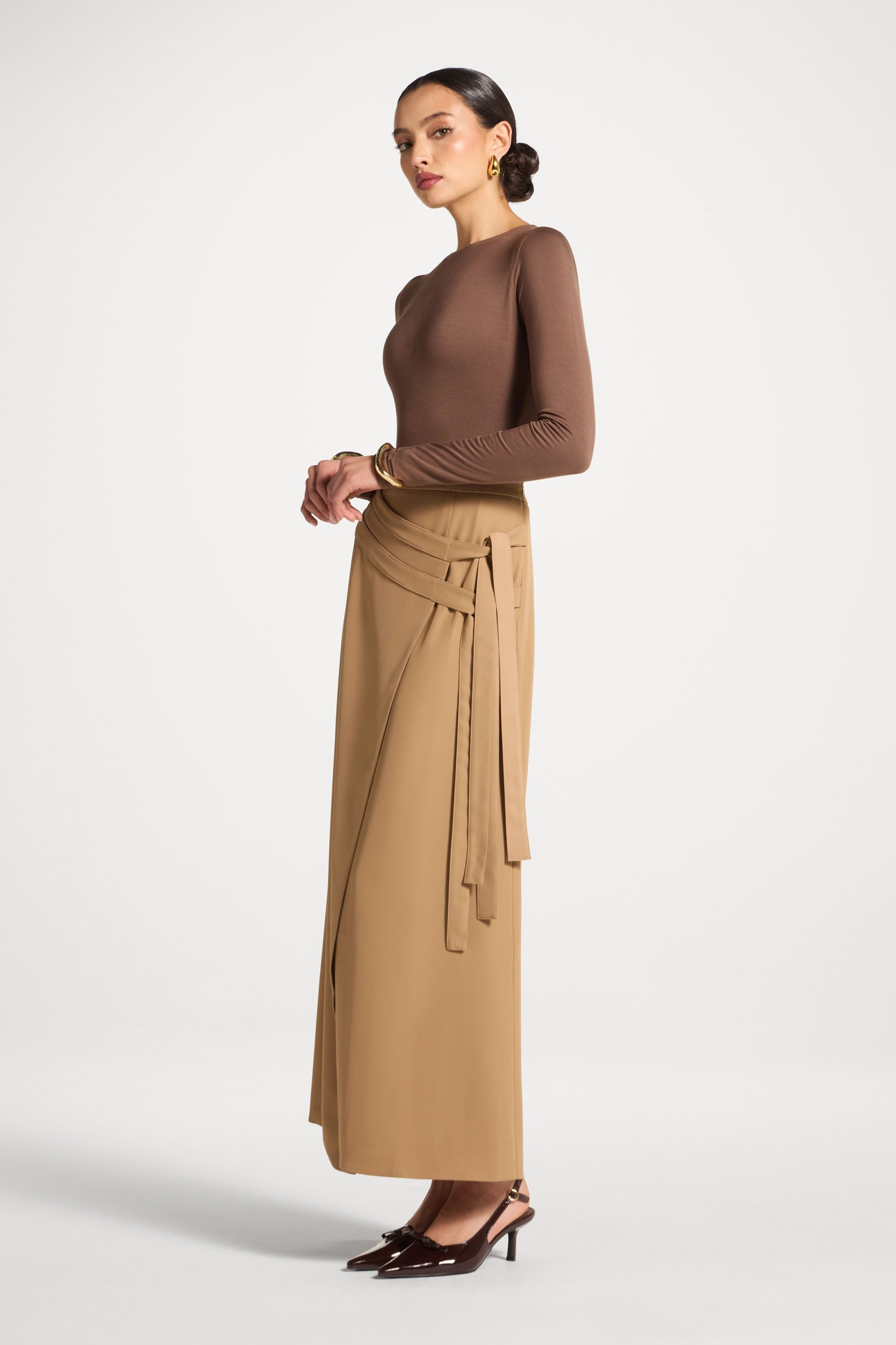 Double Tie Wrap Maxi Skirt - Latte Abayas Veiled