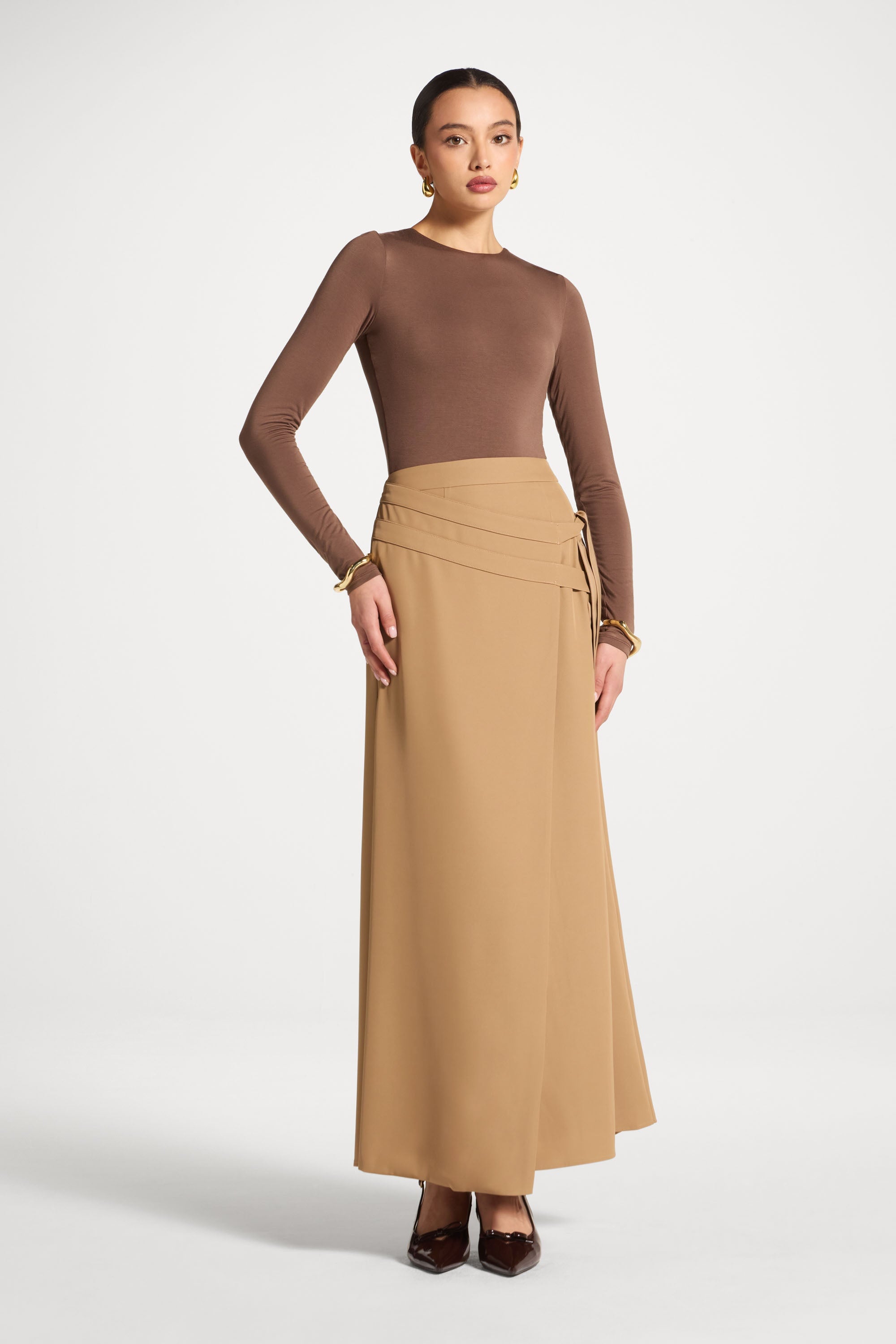 Double Tie Wrap Maxi Skirt - Latte Abayas Veiled