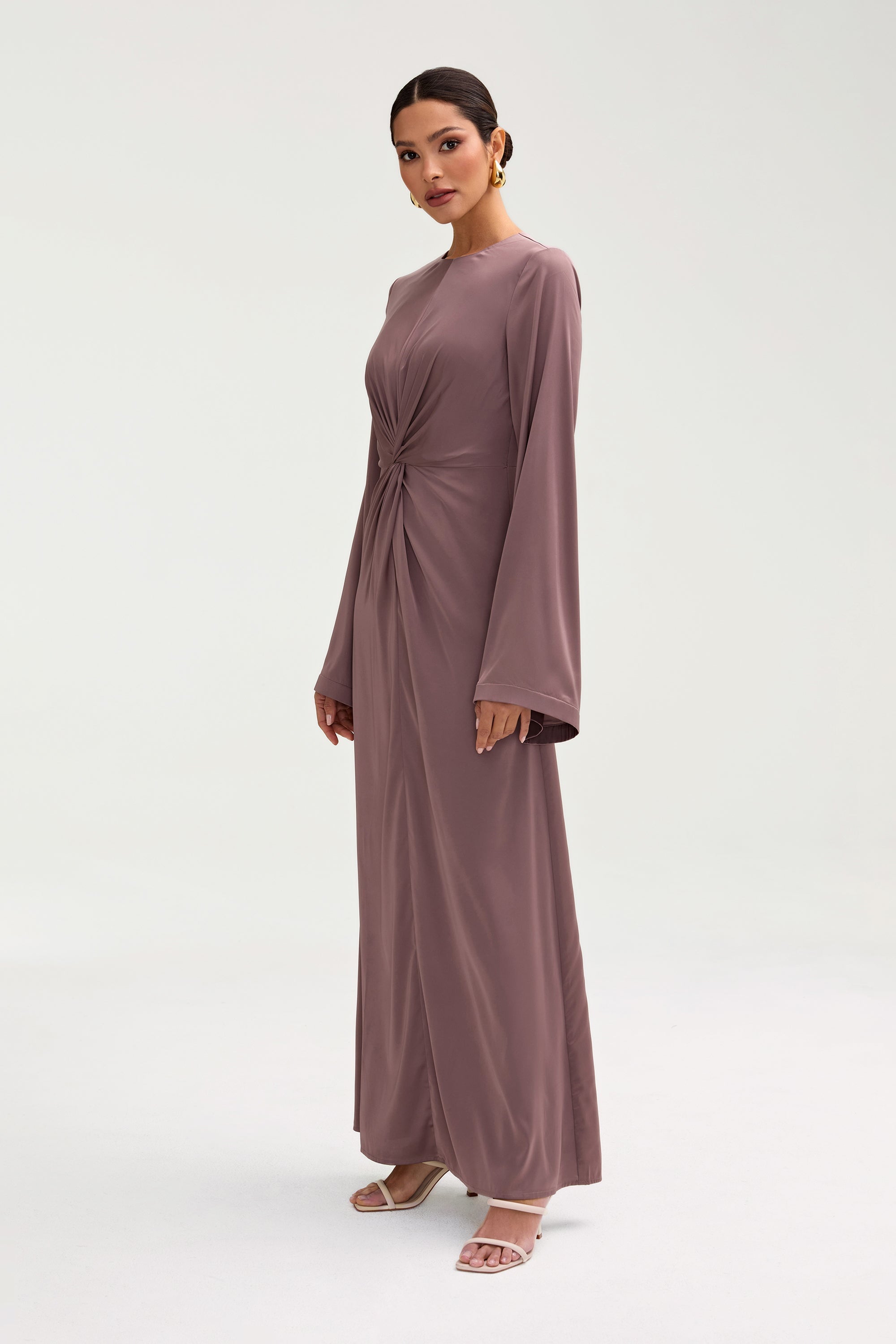 Duha Satin Twist Front Maxi Dress - Deep Taupe Clothing Veiled 