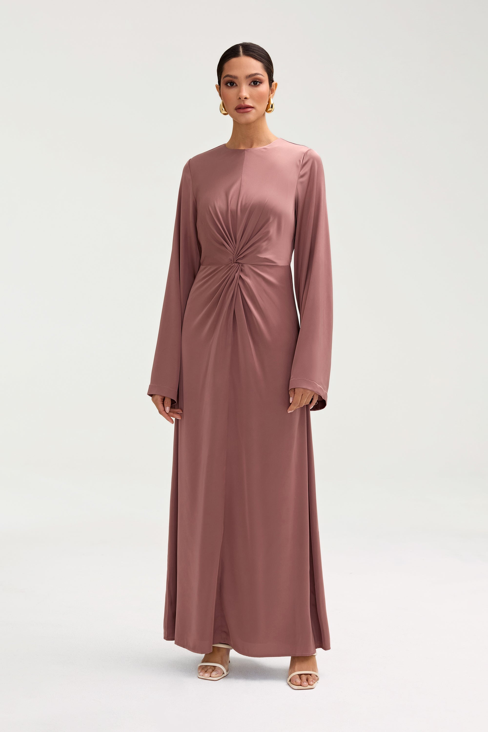Duha Satin Twist Front Maxi Dress - Dusky Mauve Clothing Veiled 