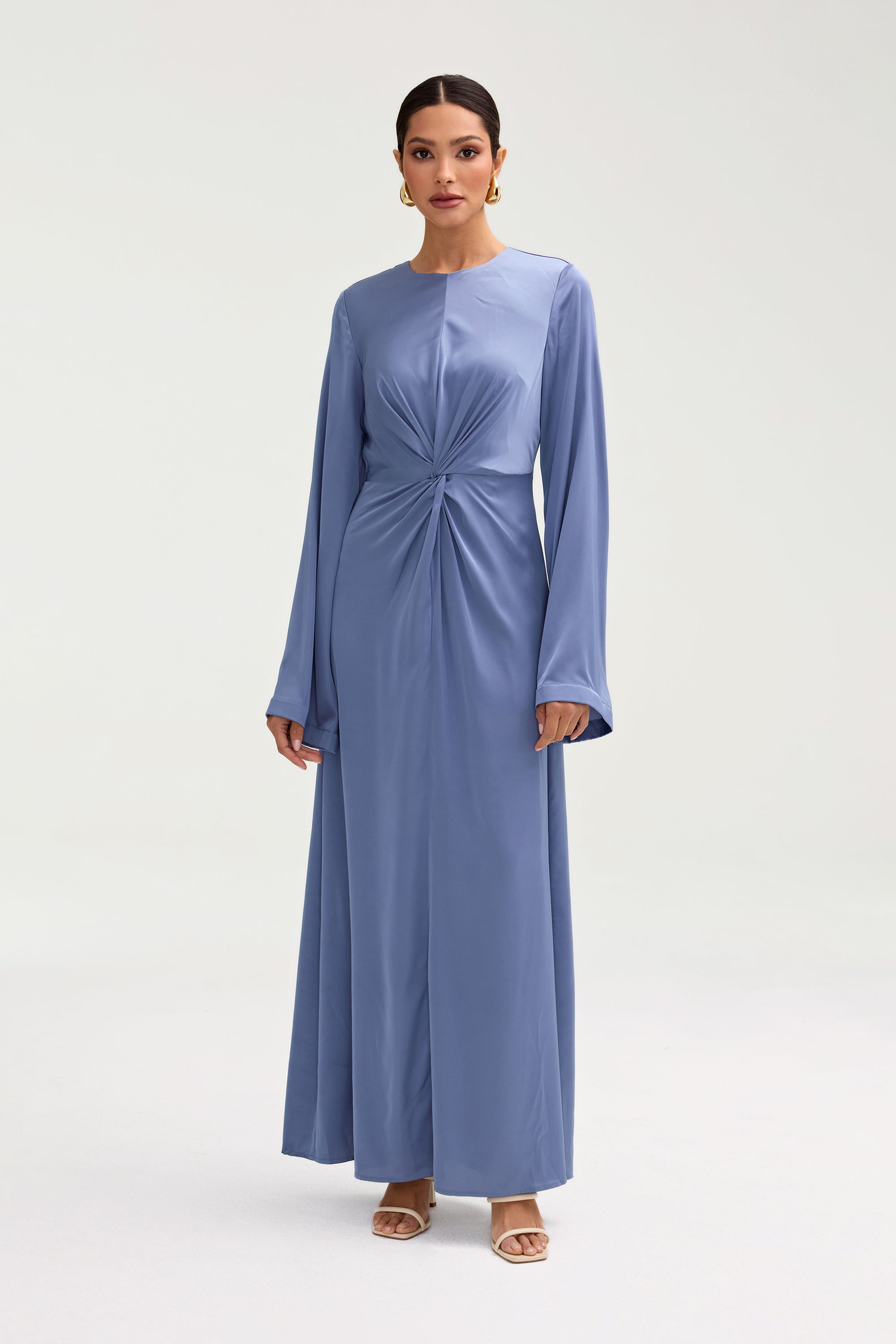 Duha Satin Twist Front Maxi Dress - Dusty Blue Clothing Veiled 