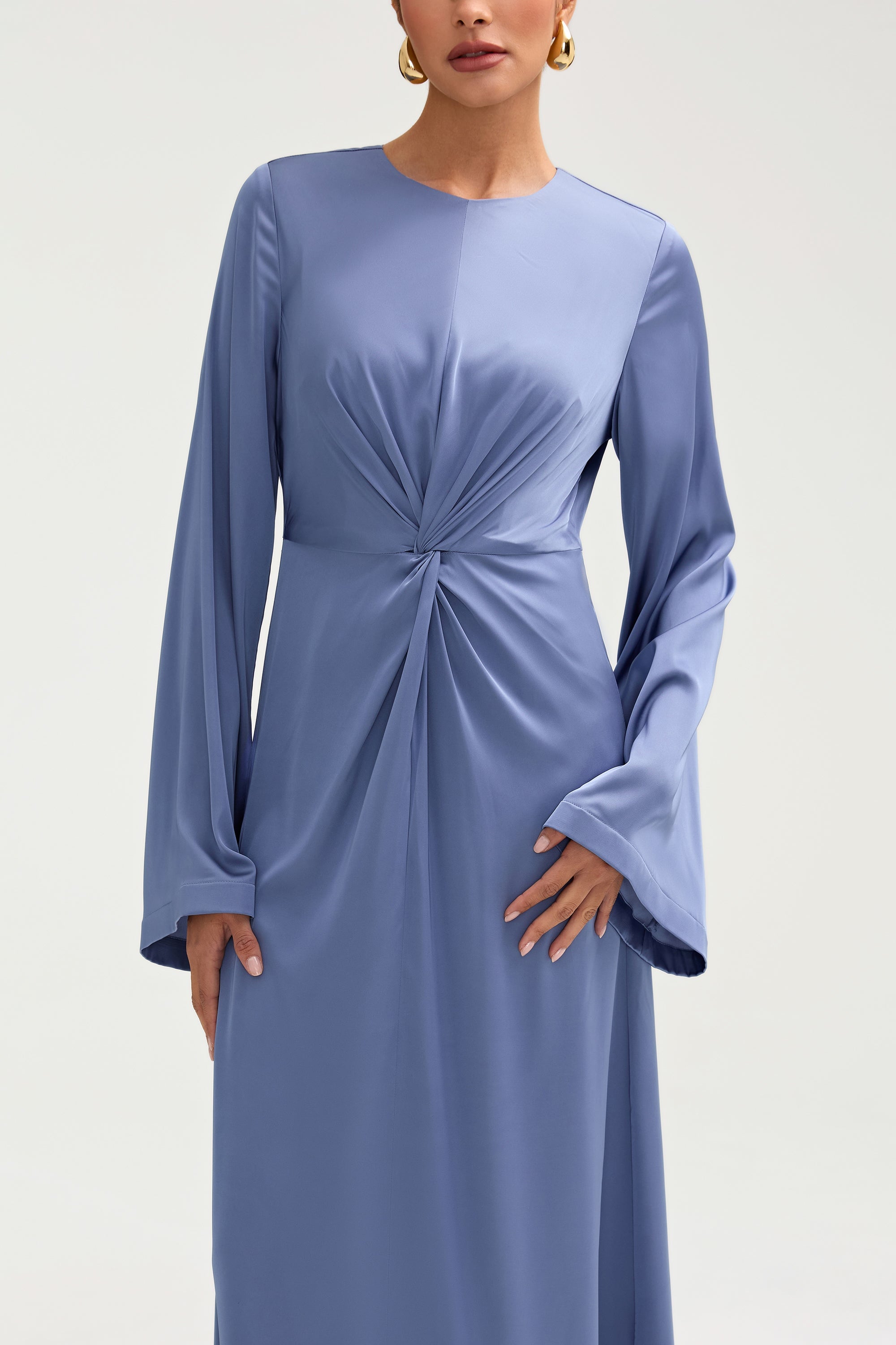 Duha Satin Twist Front Maxi Dress - Dusty Blue Clothing Veiled 