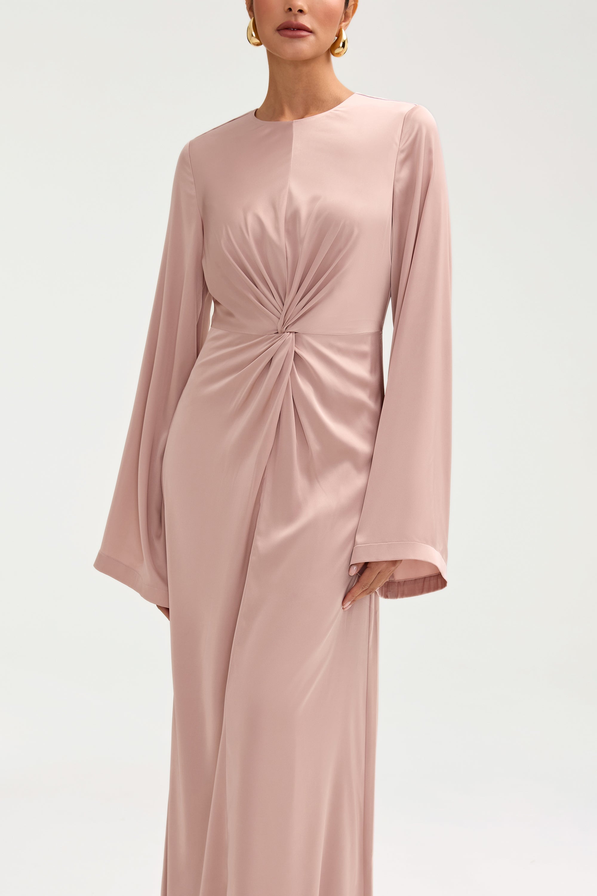 Duha Satin Twist Front Maxi Dress - Pink Jasmine Clothing Veiled 