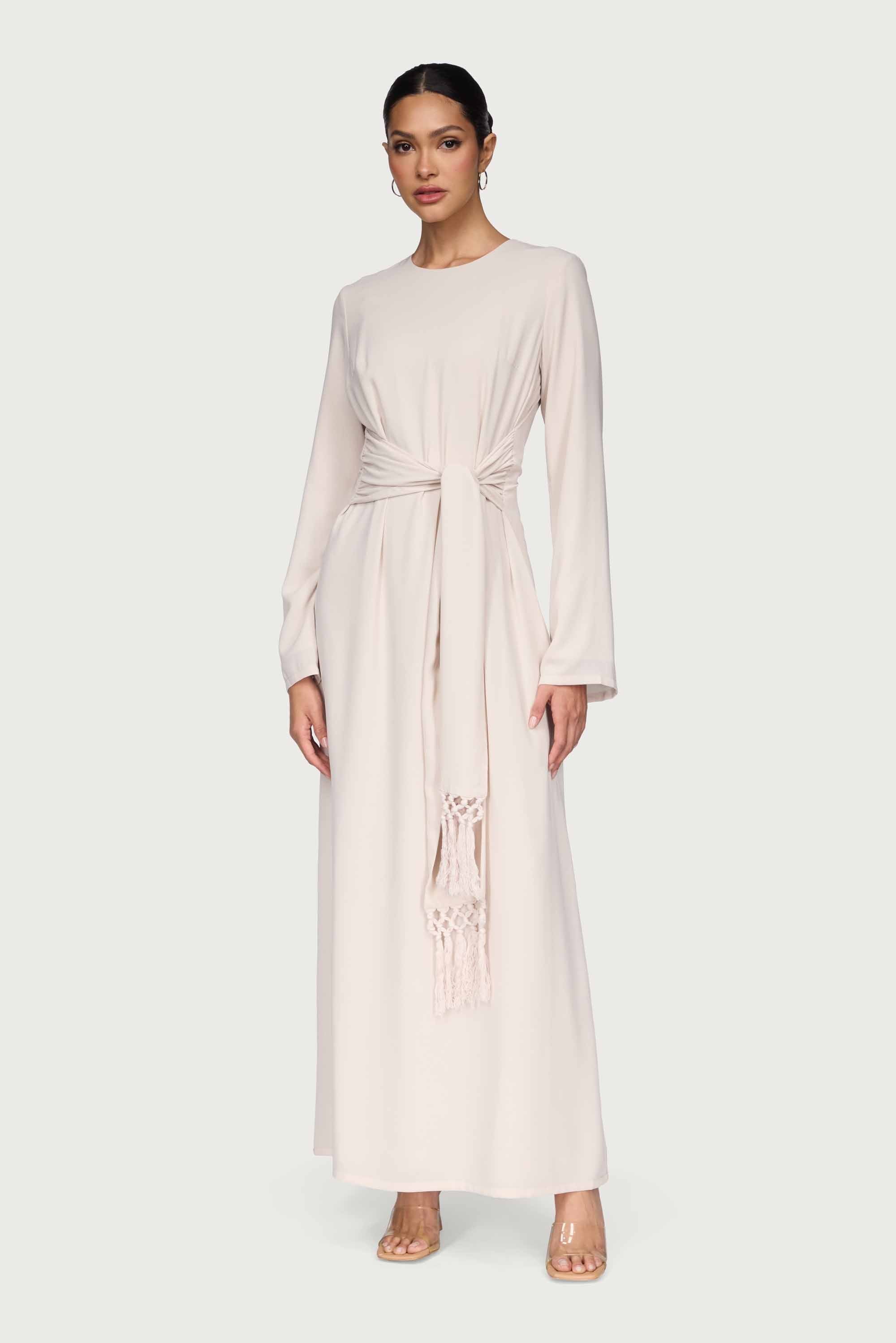 Dunya Tie Waist Tassel Maxi Dress - Stone Dresses Veiled