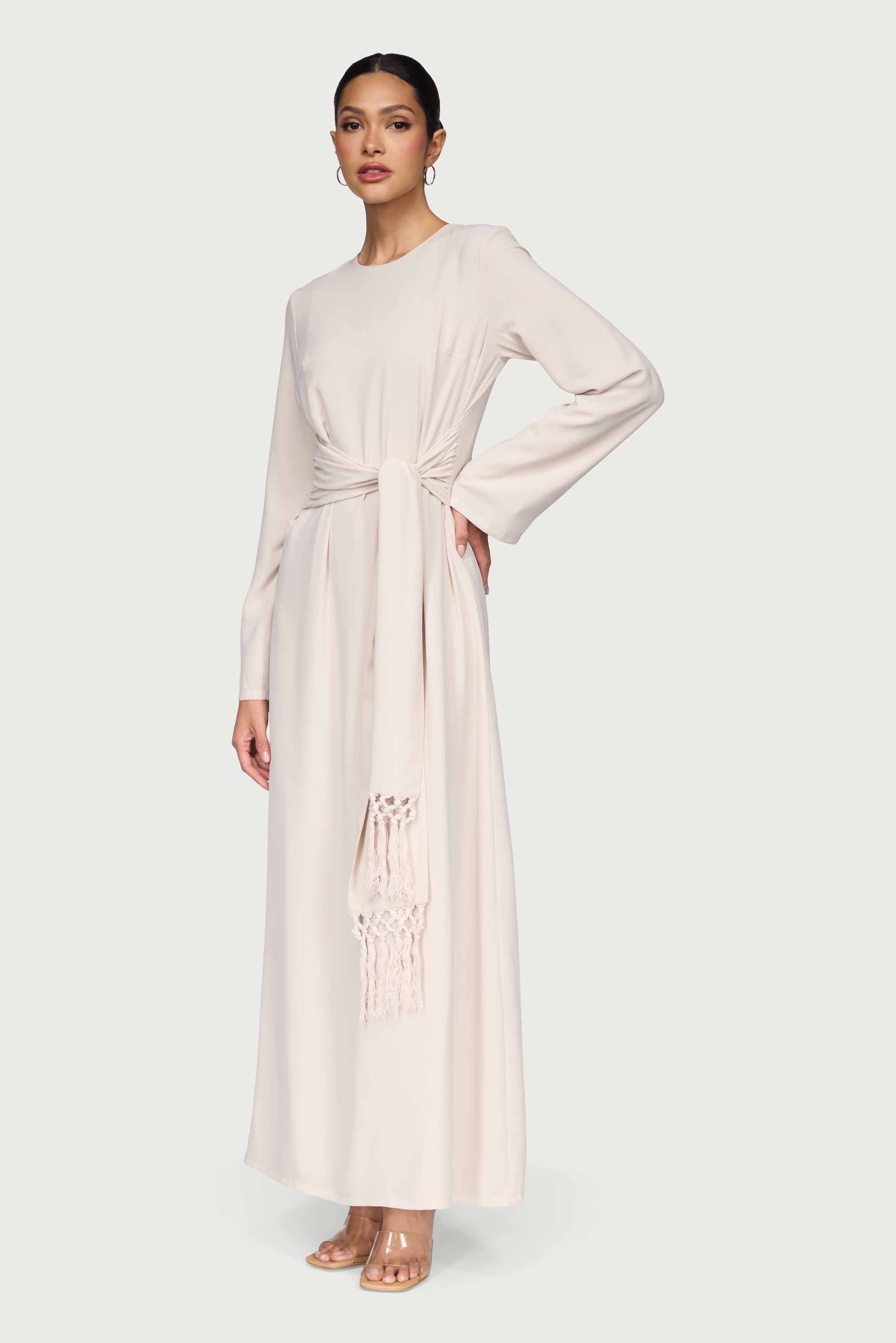 Dunya Tie Waist Tassel Maxi Dress - Stone Dresses Veiled