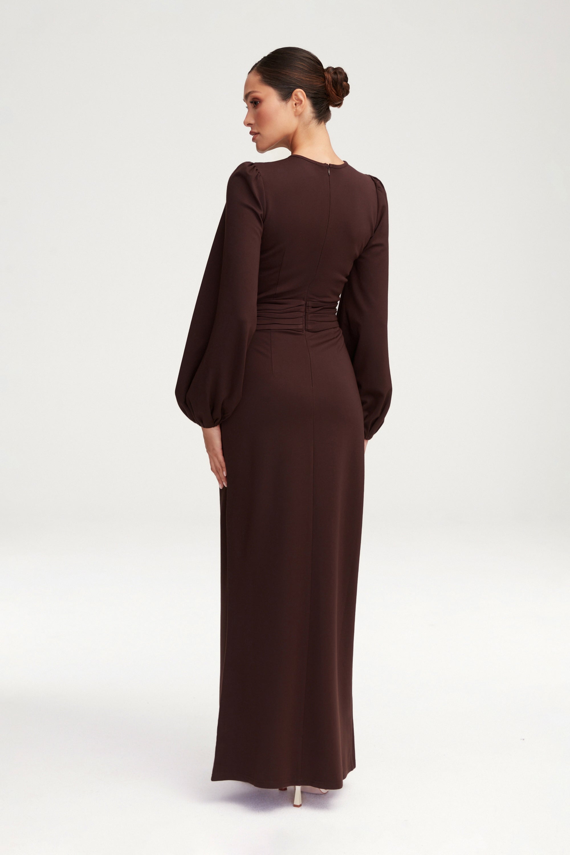 Elisa Jersey Rouched Waist Maxi Dress - Dark Brown Clothing epschoolboard 