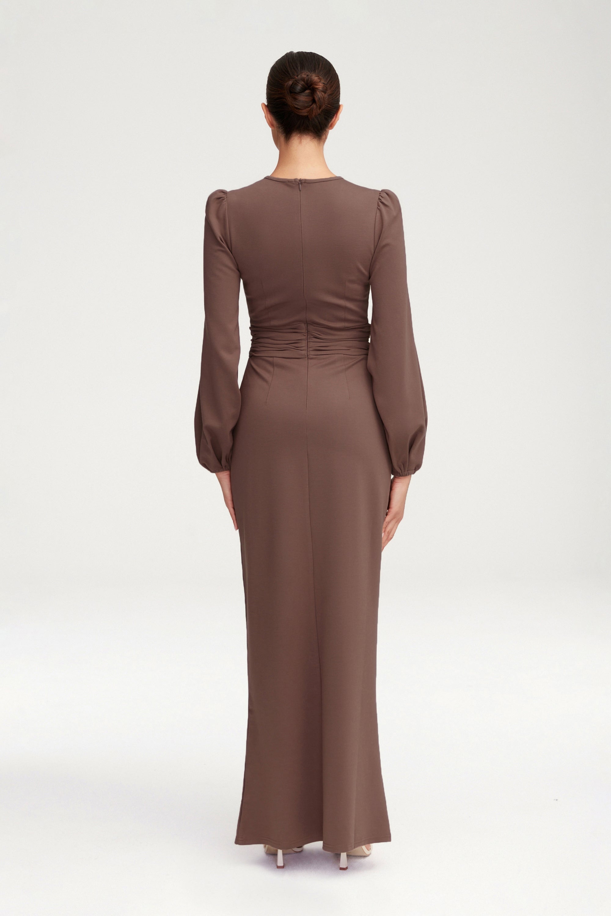 Elisa Jersey Rouched Waist Maxi Dress - Dark Taupe Clothing epschoolboard 